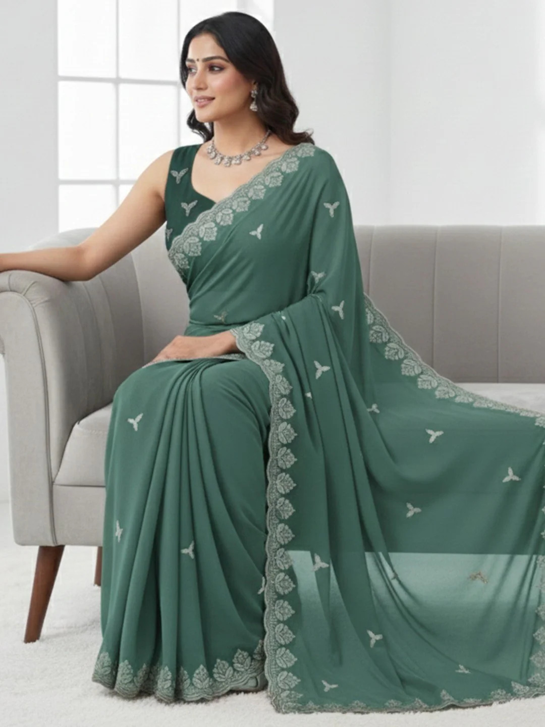 Graceful Green Georgette Saree Featuring Floral Zari Embroidery & Delicate Sequins Work