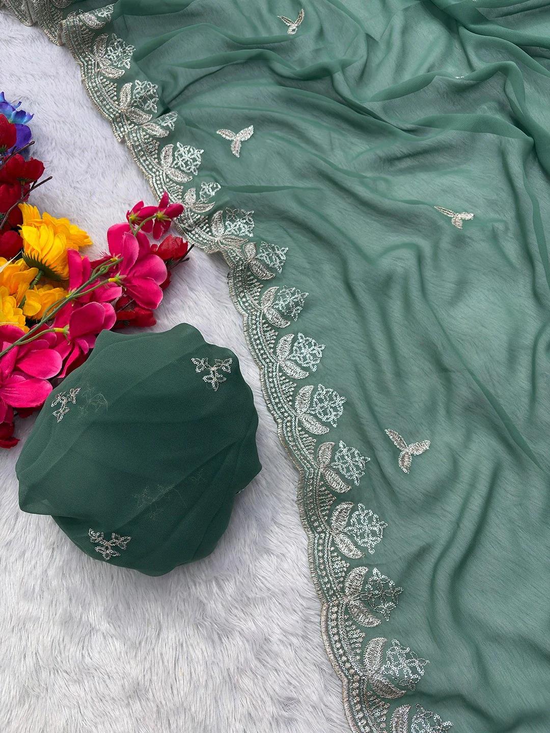 Graceful Green Georgette Saree Featuring Floral Zari Embroidery & Delicate Sequins Work - Image 3