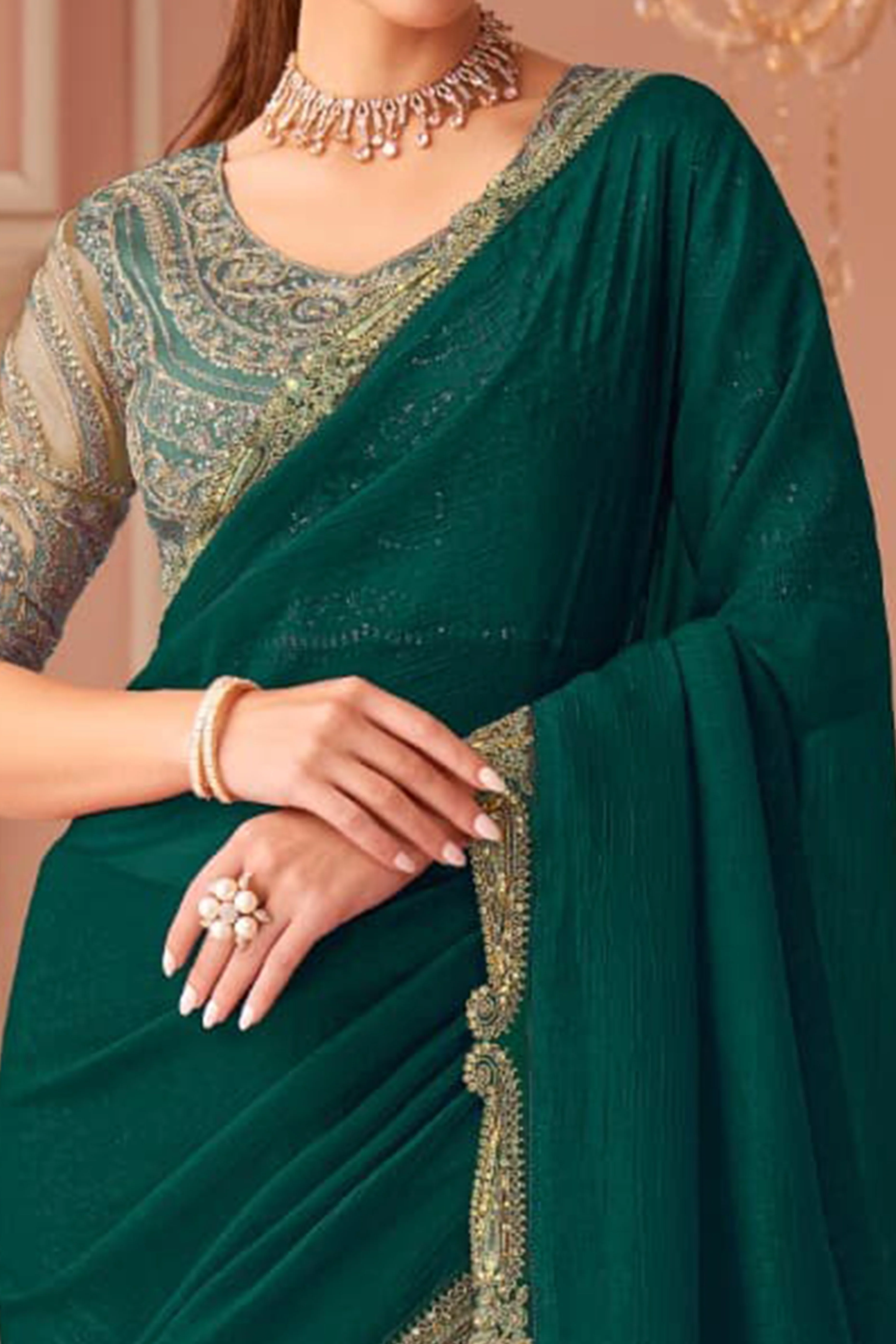 Graceful Green Georgette Saree with Intricate Sequin Embroidery Detailing - Image 2
