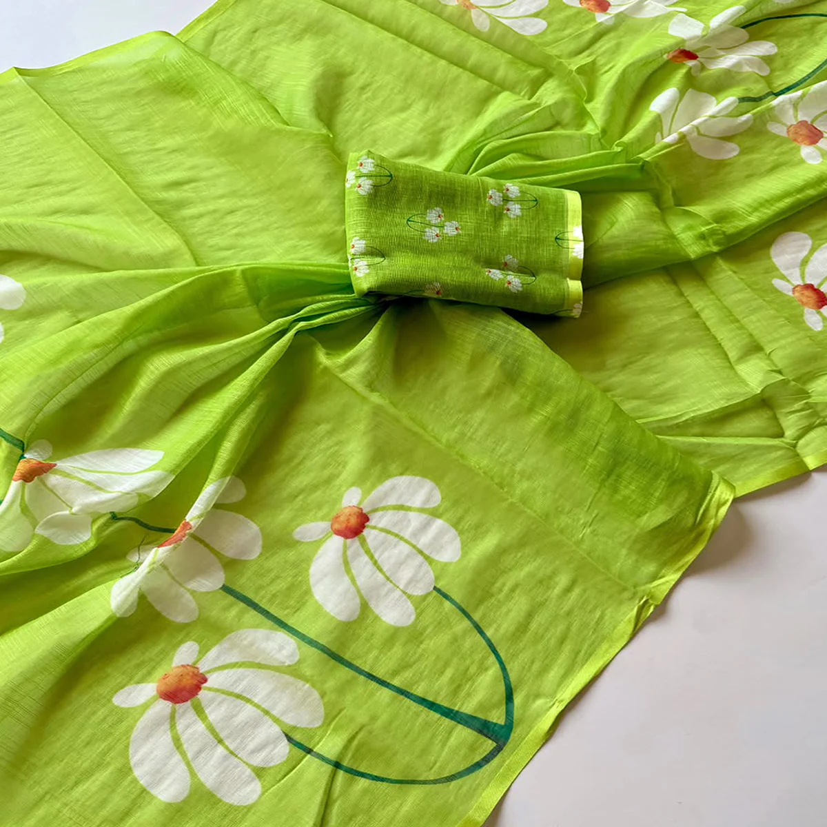 Graceful Green Linen Cotton Saree with Stylish Floral Prints for Effortless Elegance - Image 2