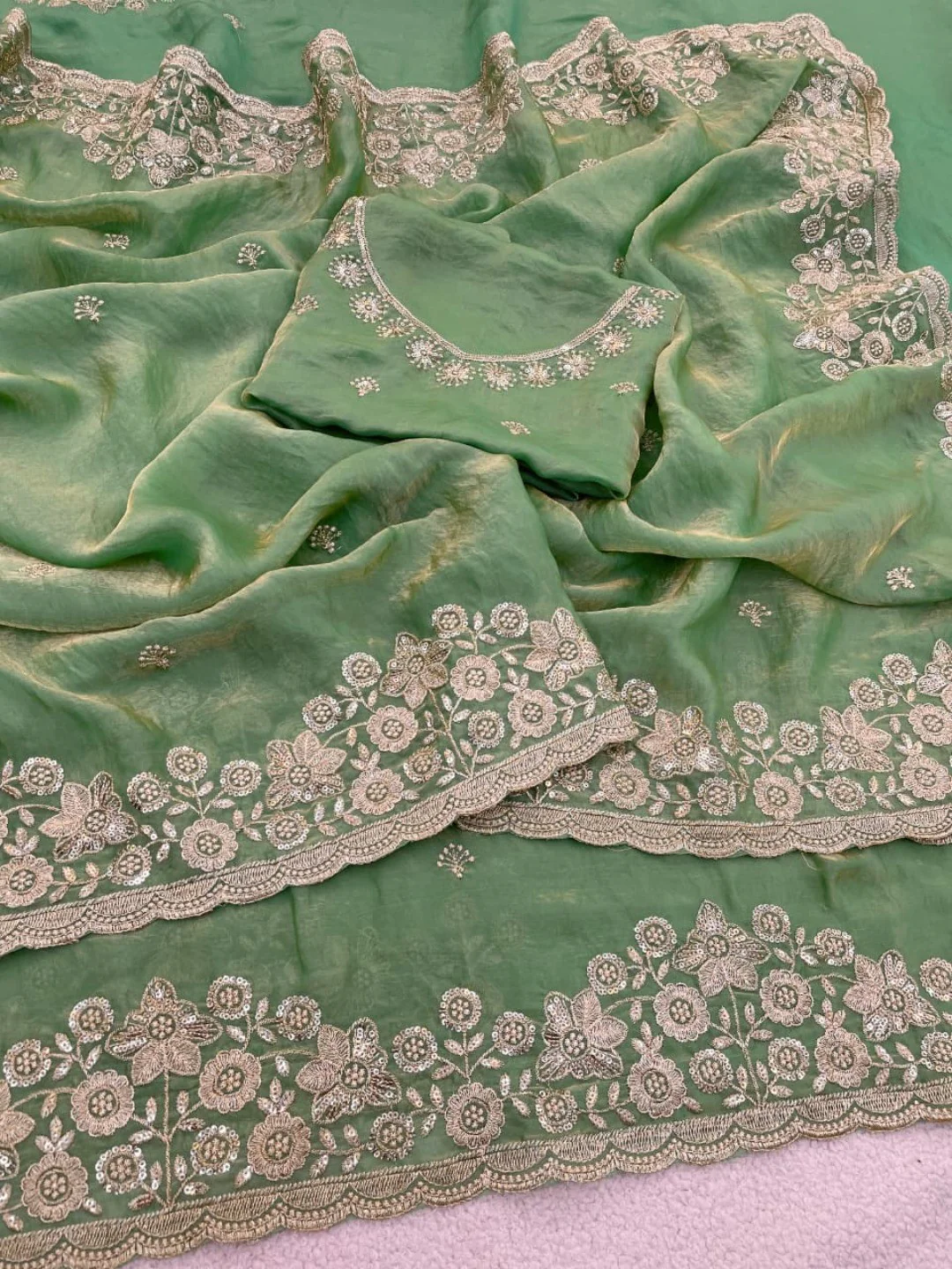Graceful Green Organza Satin Silk Saree with Fine Embroidery & Blouse - Image 5