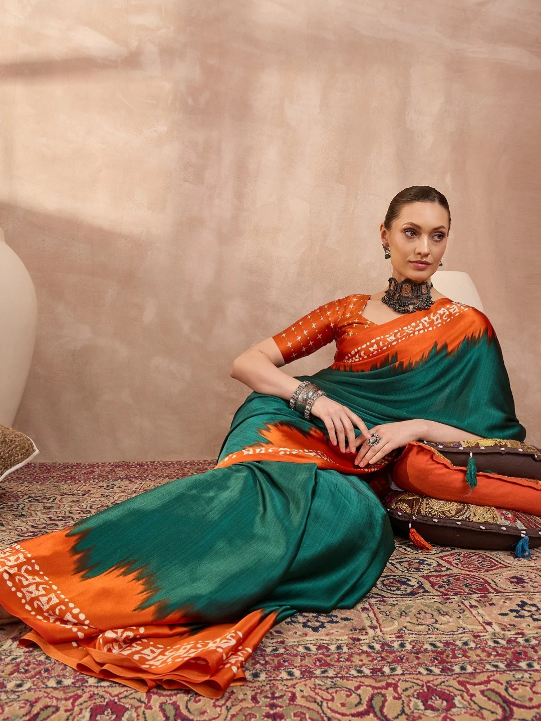 Graceful Green Satin Saree Featuring Orange Ethnic Print Border - Image 3