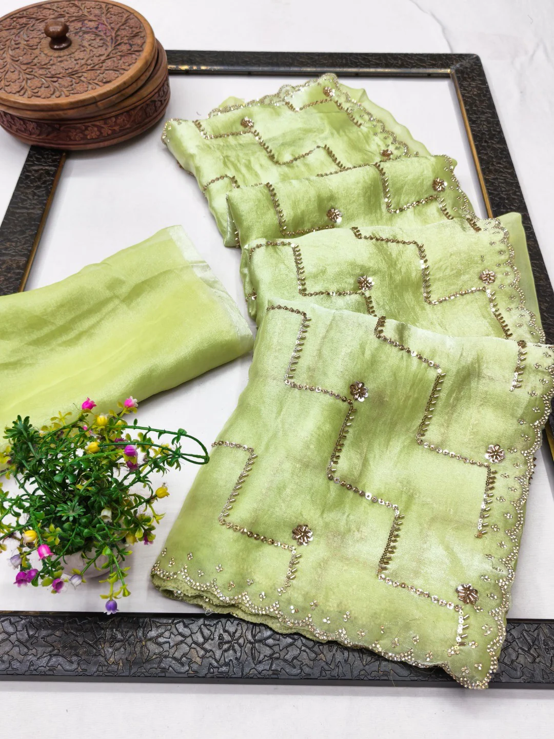 Graceful Green Sequins With Detailed Beads & Stone Work Organza Satin Silk Saree - Image 2