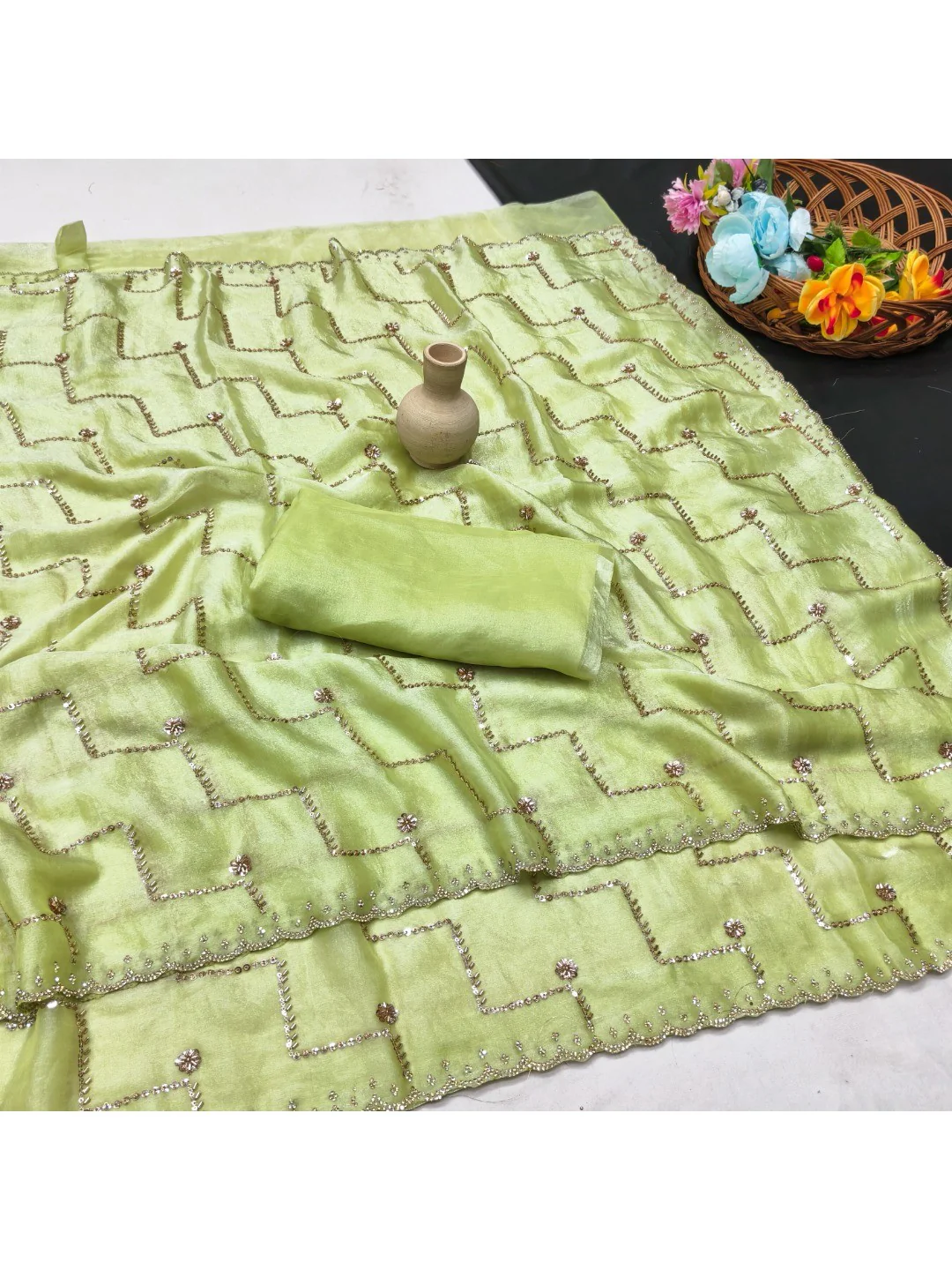 Graceful Green Sequins With Detailed Beads & Stone Work Organza Satin Silk Saree - Image 3