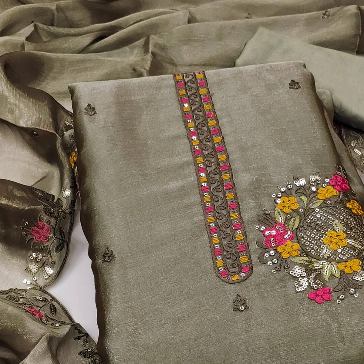 Graceful Green Silk Blend Dress Material Featuring Exquisite Floral Embroidery & Sequins Accents - Image 2