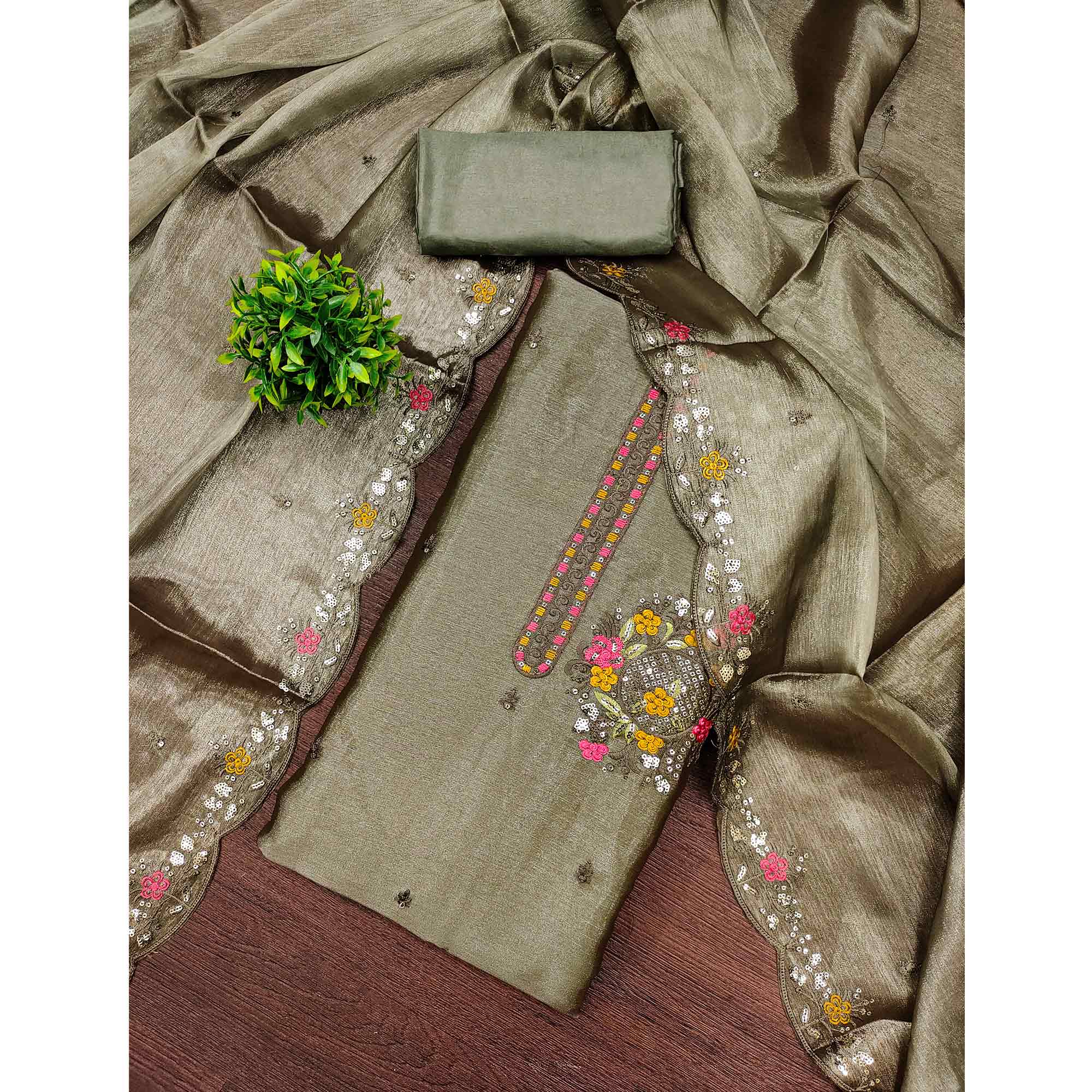 Graceful Green Silk Blend Dress Material Featuring Exquisite Floral Embroidery & Sequins Accents - Image 3