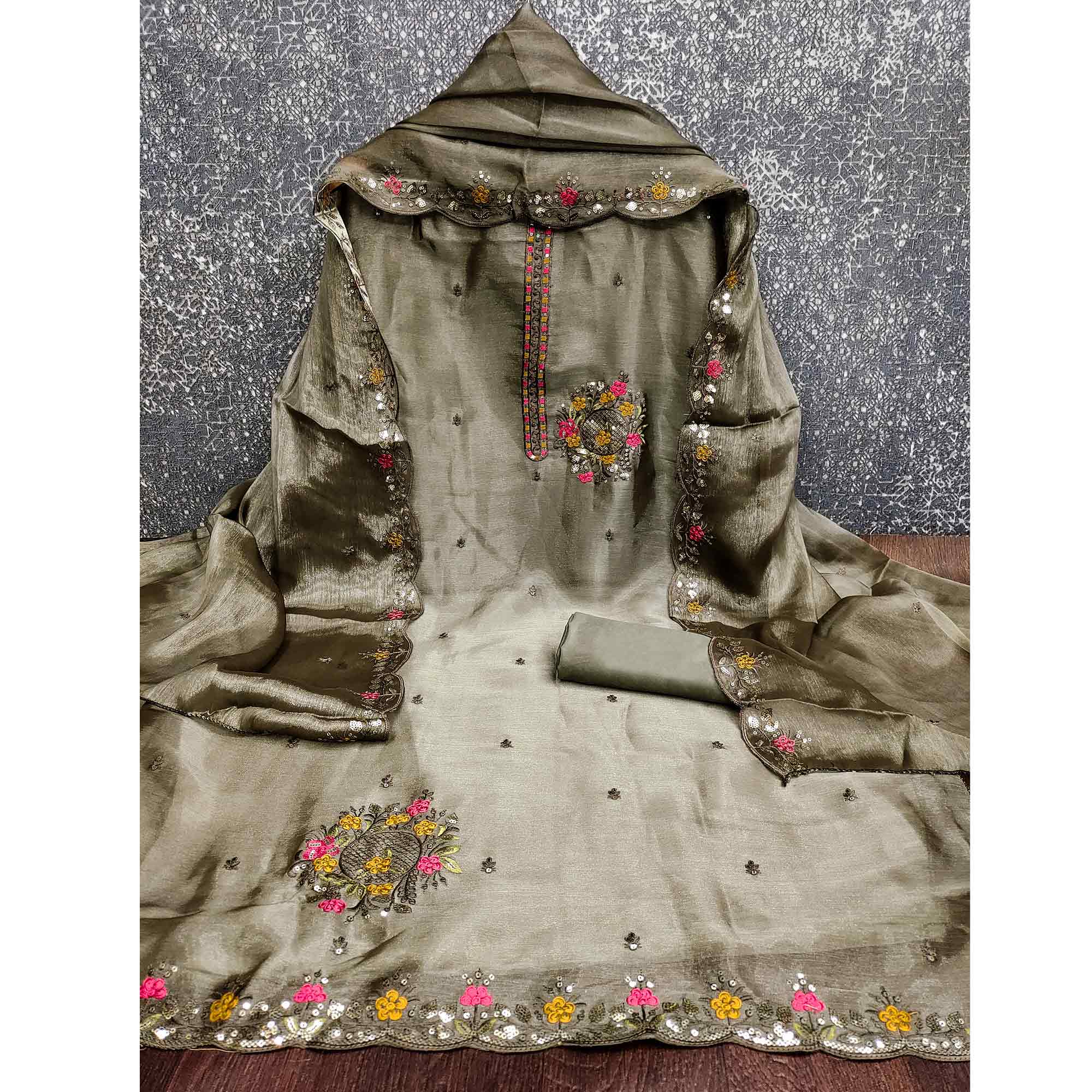 Graceful Green Silk Blend Dress Material Featuring Exquisite Floral Embroidery & Sequins Accents - Image 4
