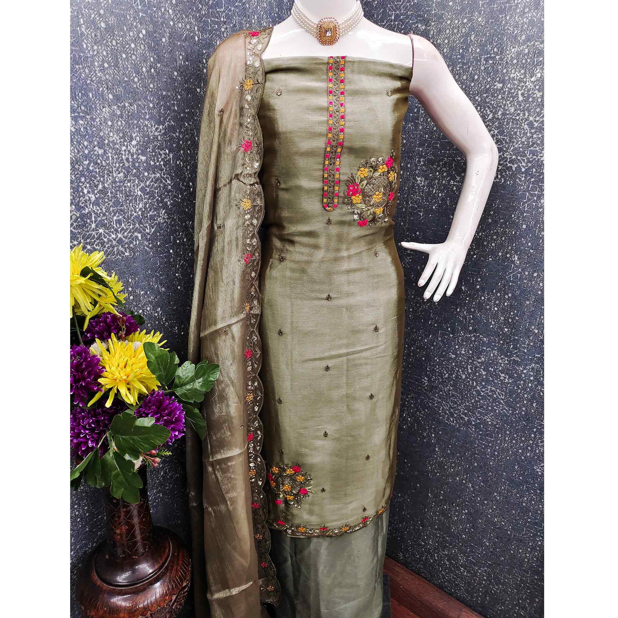 Graceful Green Silk Blend Dress Material Featuring Exquisite Floral Embroidery & Sequins Accents - Image 5