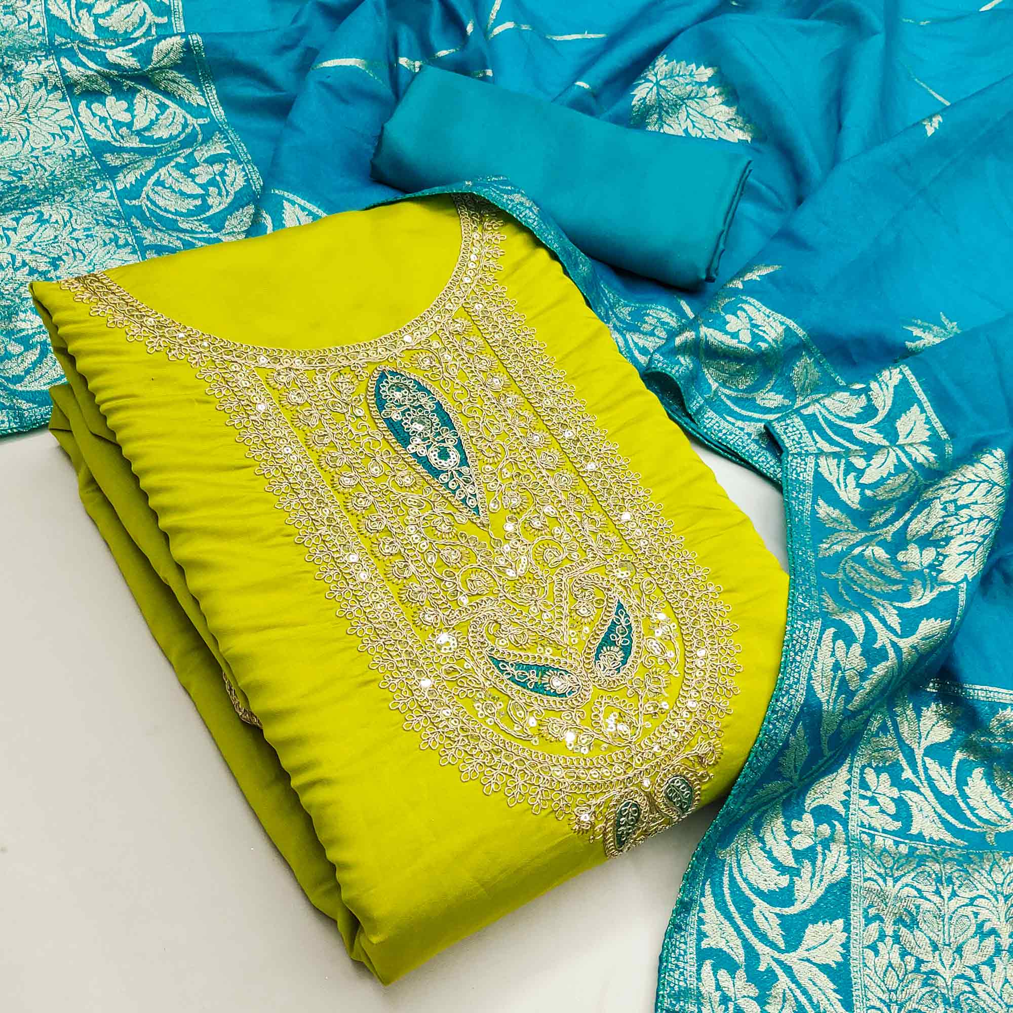 Graceful Green Silk Blend Dress Material Featuring Floral Cording Embroidery With Sequins Detailing - Image 3