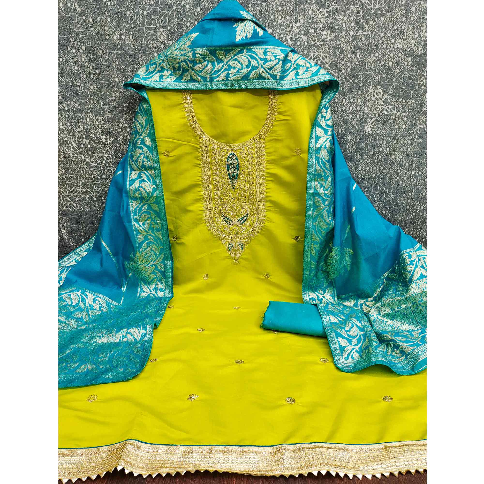 Graceful Green Silk Blend Dress Material Featuring Floral Cording Embroidery With Sequins Detailing - Image 4