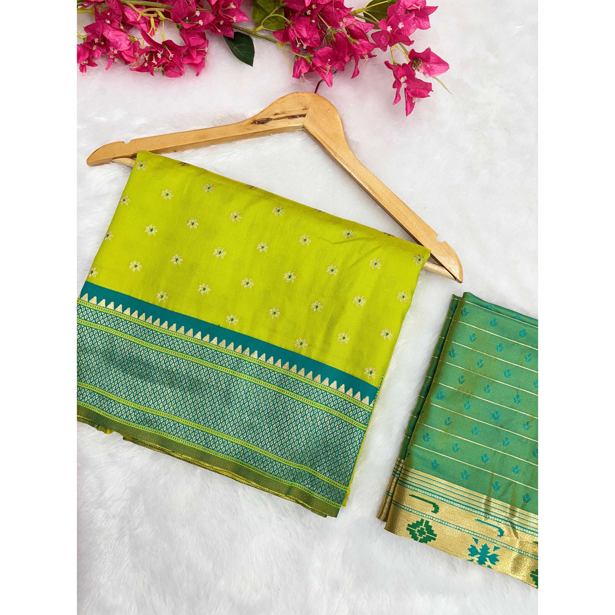 Graceful Green Silk Blend Saree Adorned With Intricate Floral Zari Weaving - Image 6