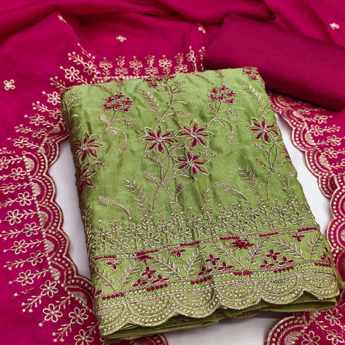 Graceful Green Vichitra Silk Dress Material Adorned With Intricate Floral Thread Embroidery - Image 2