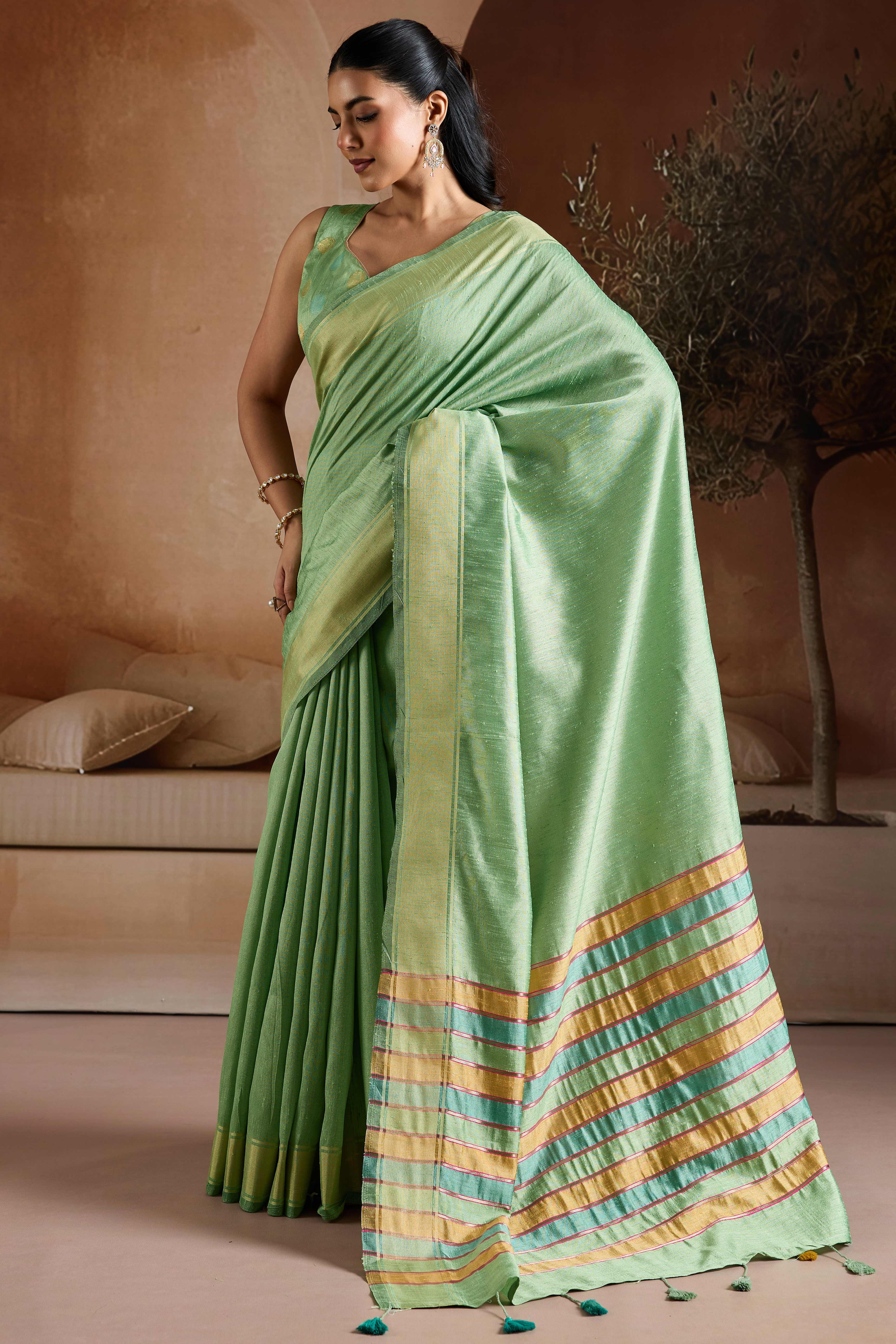 Graceful Green Zari Woven Bhagalpuri Silk Saree Accented With Tassel Pallu - Image 4