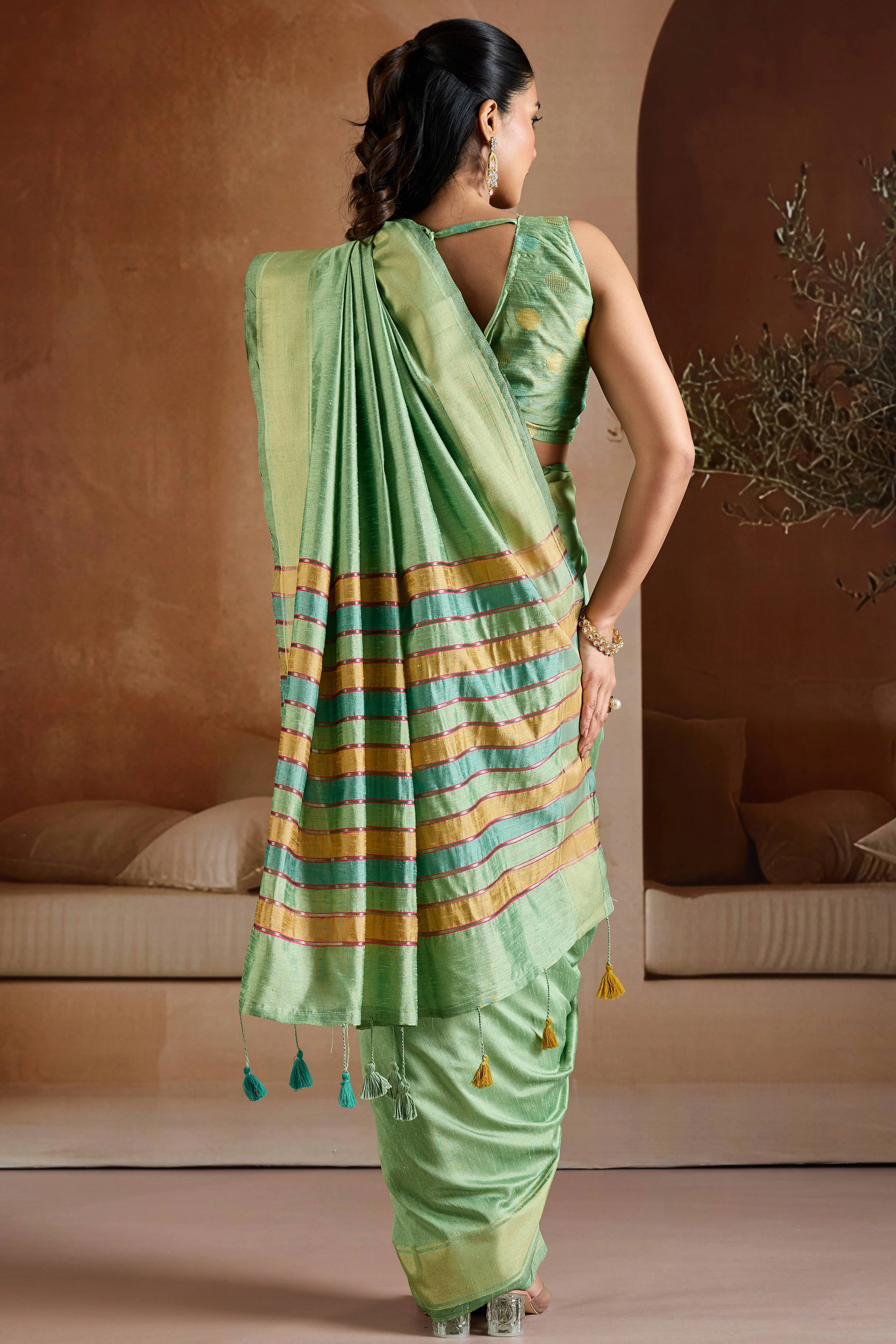 Graceful Green Zari Woven Bhagalpuri Silk Saree Accented With Tassel Pallu - Image 5