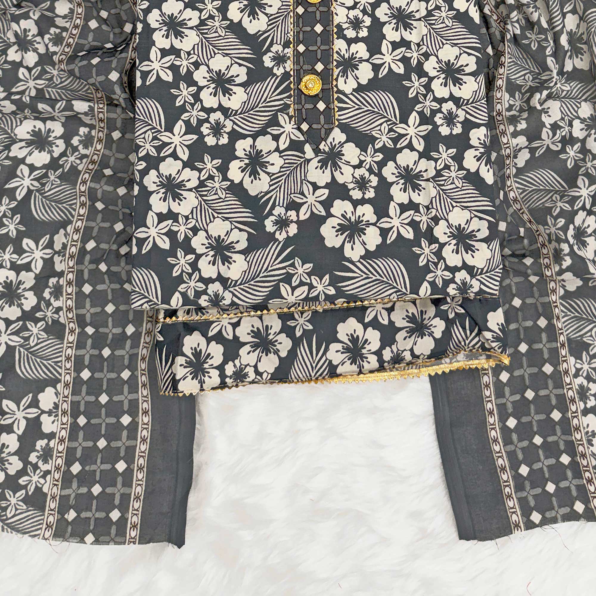 Graceful Grey Floral Printed Cotton Blend Dress Material With Lace Border - Image 4