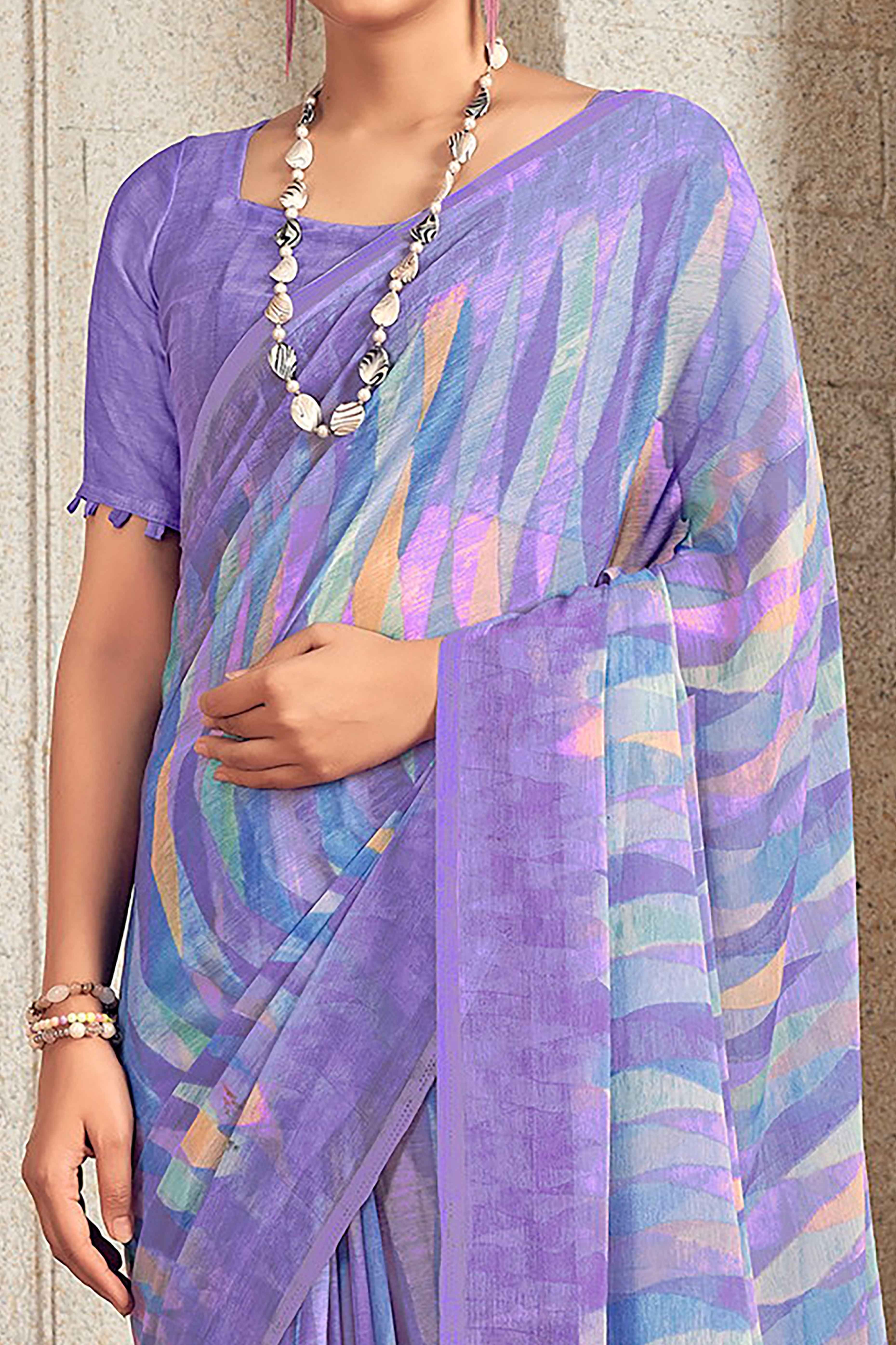 Graceful Lavender Chiffon Saree With Modern Geometric Print - Image 2
