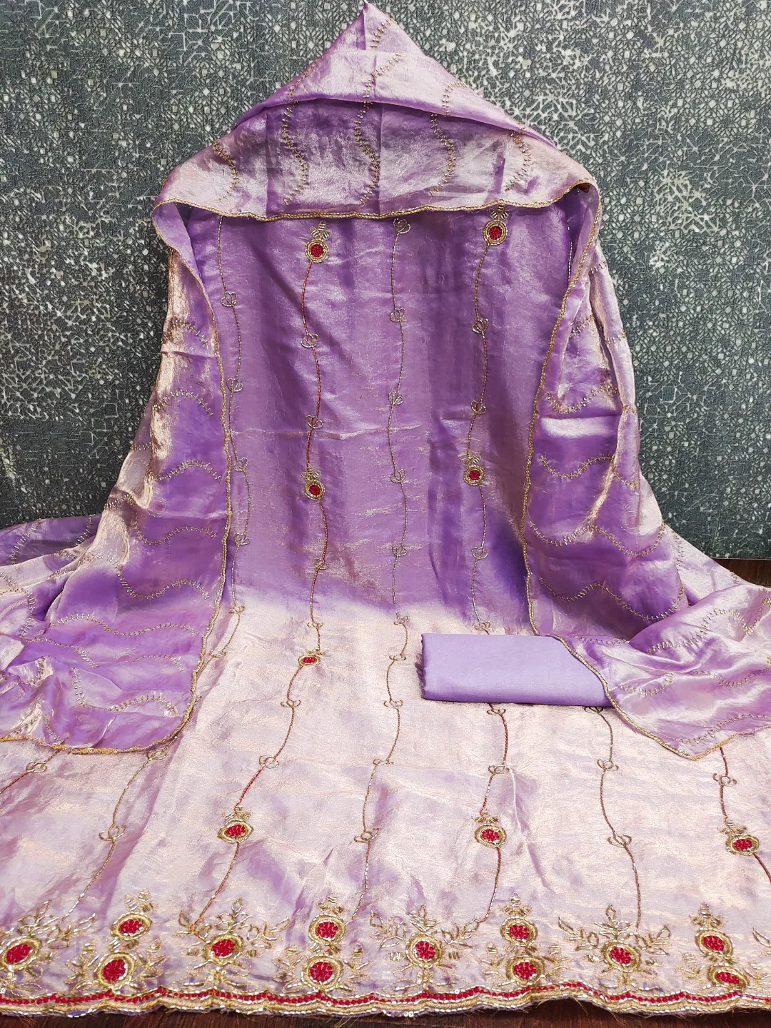 Graceful Lavender Floral Beads Embroidery Work Fendy Silk Blend Dress Material - Image 4