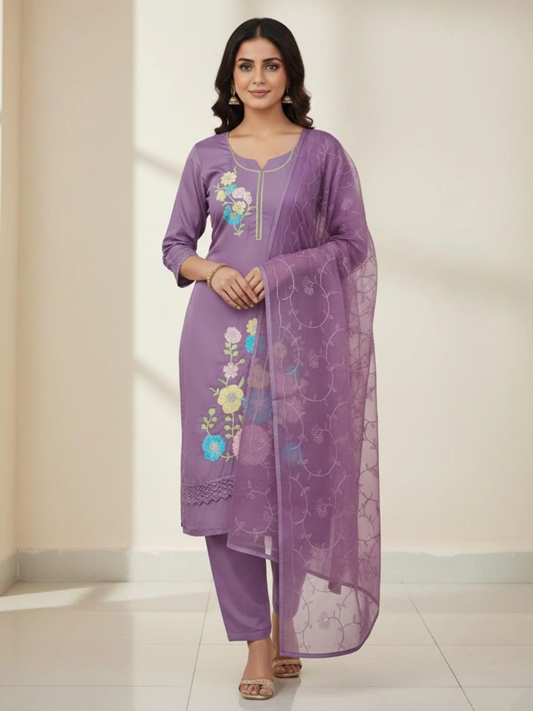 Graceful Lavender Floral Embroidered Roman Art Silk Dress Material Adorned With Swarovski Work
