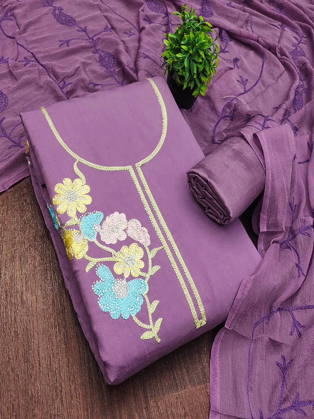 Graceful Lavender Floral Embroidered Roman Art Silk Dress Material Adorned With Swarovski Work - Image 3