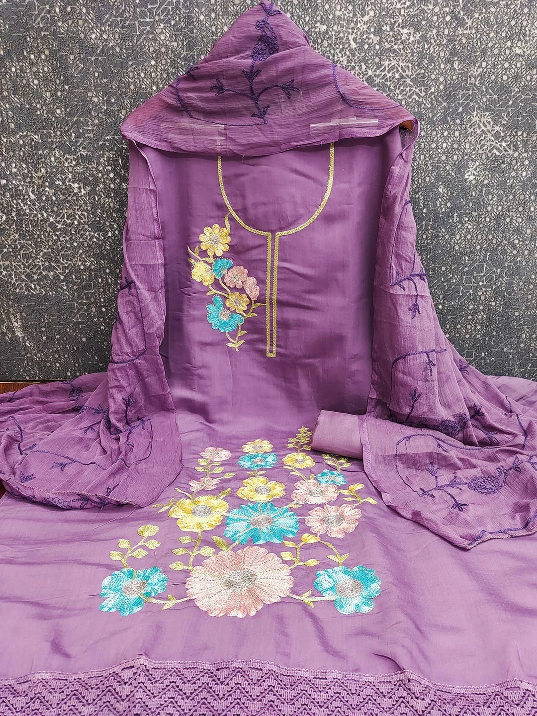 Graceful Lavender Floral Embroidered Roman Art Silk Dress Material Adorned With Swarovski Work - Image 6