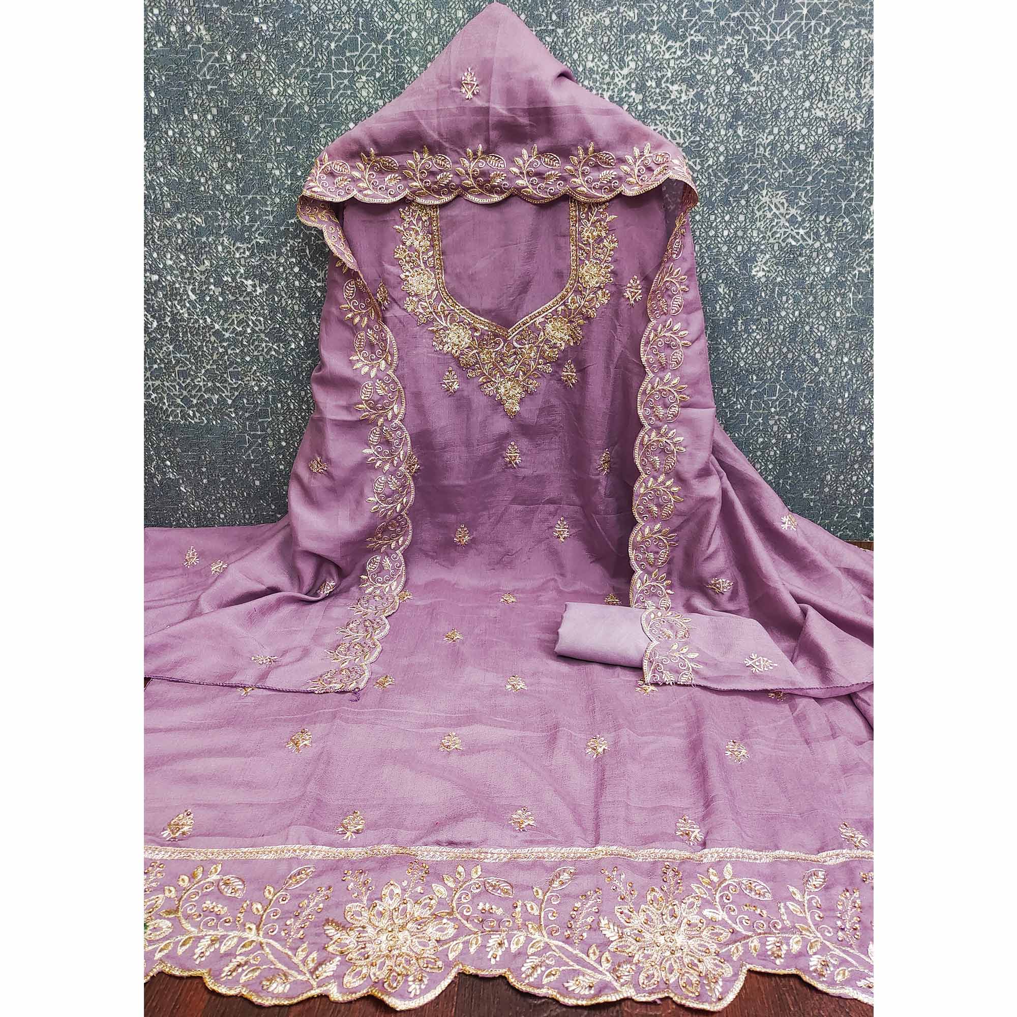 Graceful Lavender Floral Embroidered Vichitra Silk Dress Material Enhanced With Diamond Work - Image 3