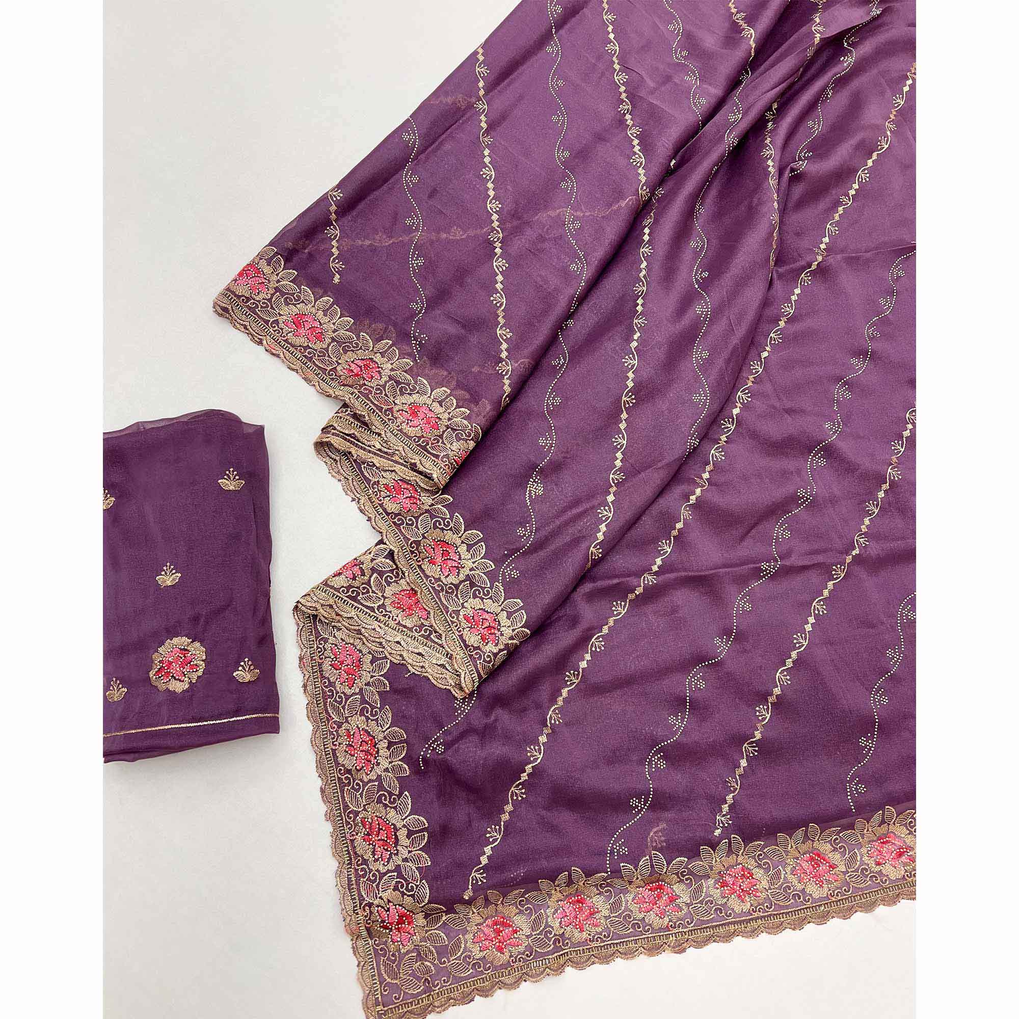 Graceful Lavender Floral Thread & Zari Embroidered Georgette Saree - Image 3