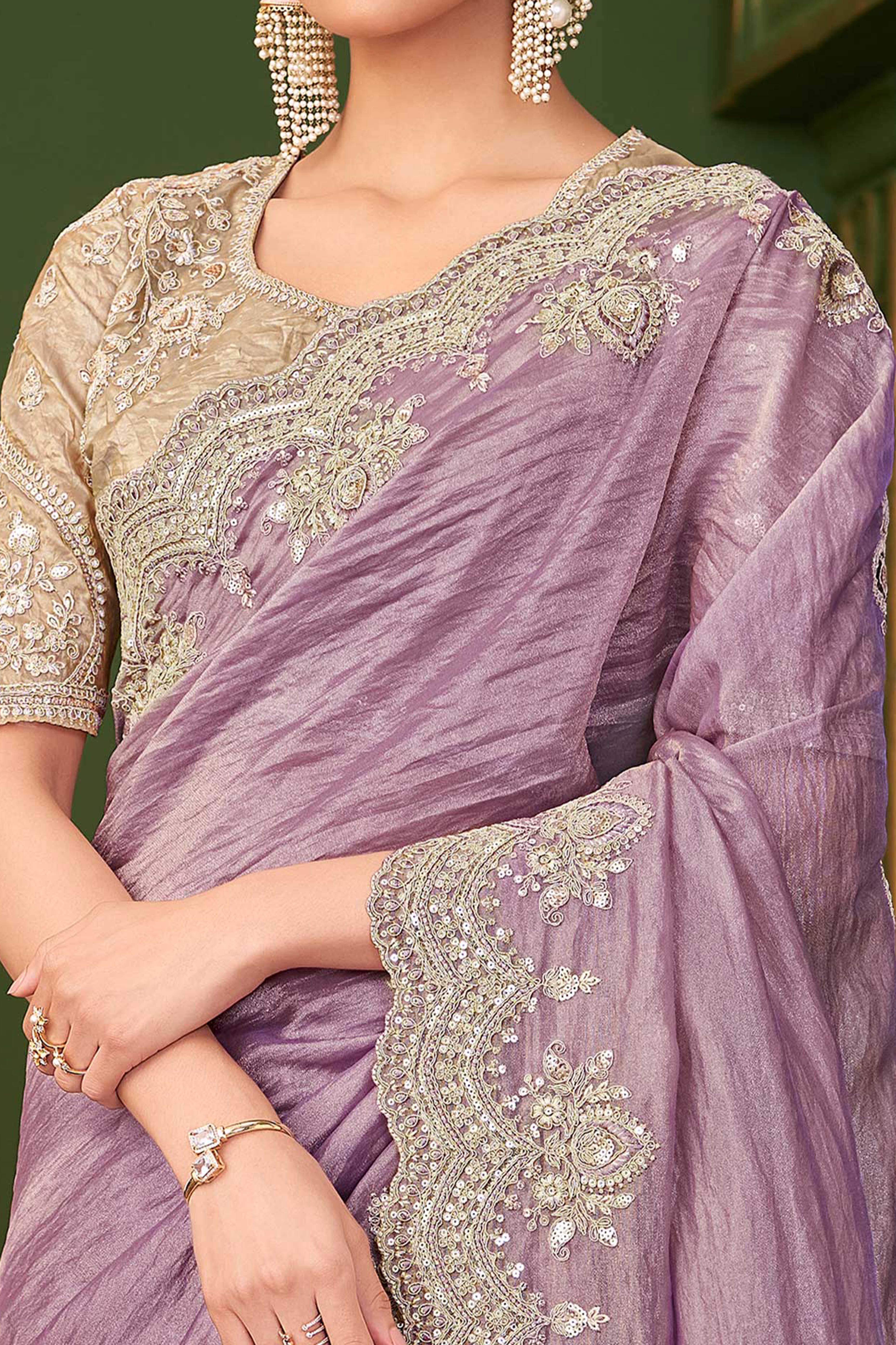 Graceful Lavender Georgette Saree Adorned With Floral Cording Sequins Embroidery & Cutwork Border - Image 2