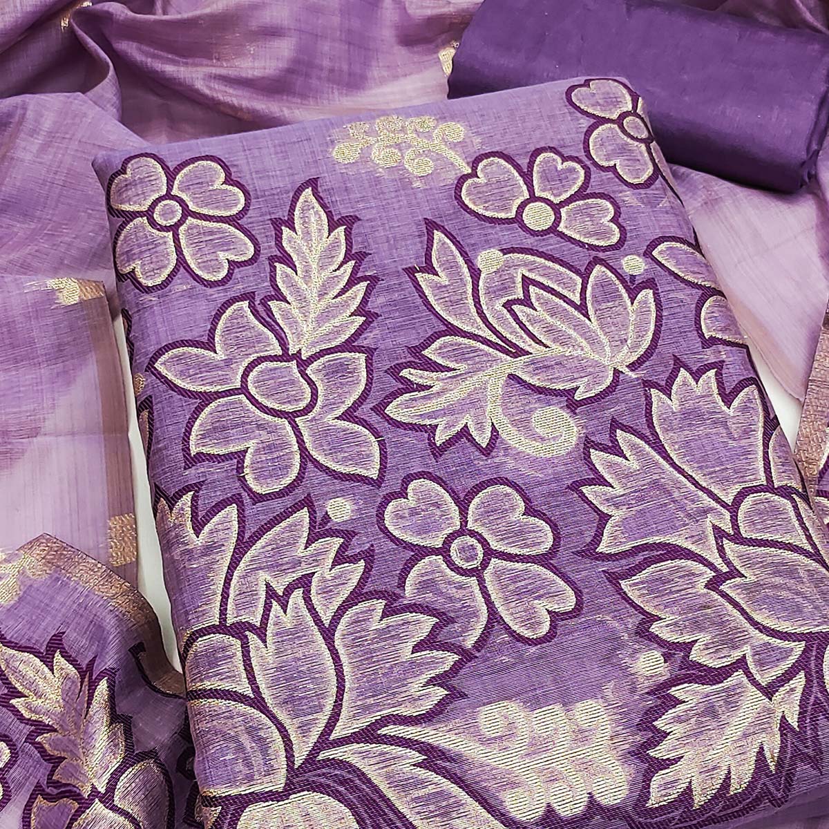 Graceful Lavender Jamdani Art Silk Dress Material Adorned With Intricate Floral Weaving Work - Image 2