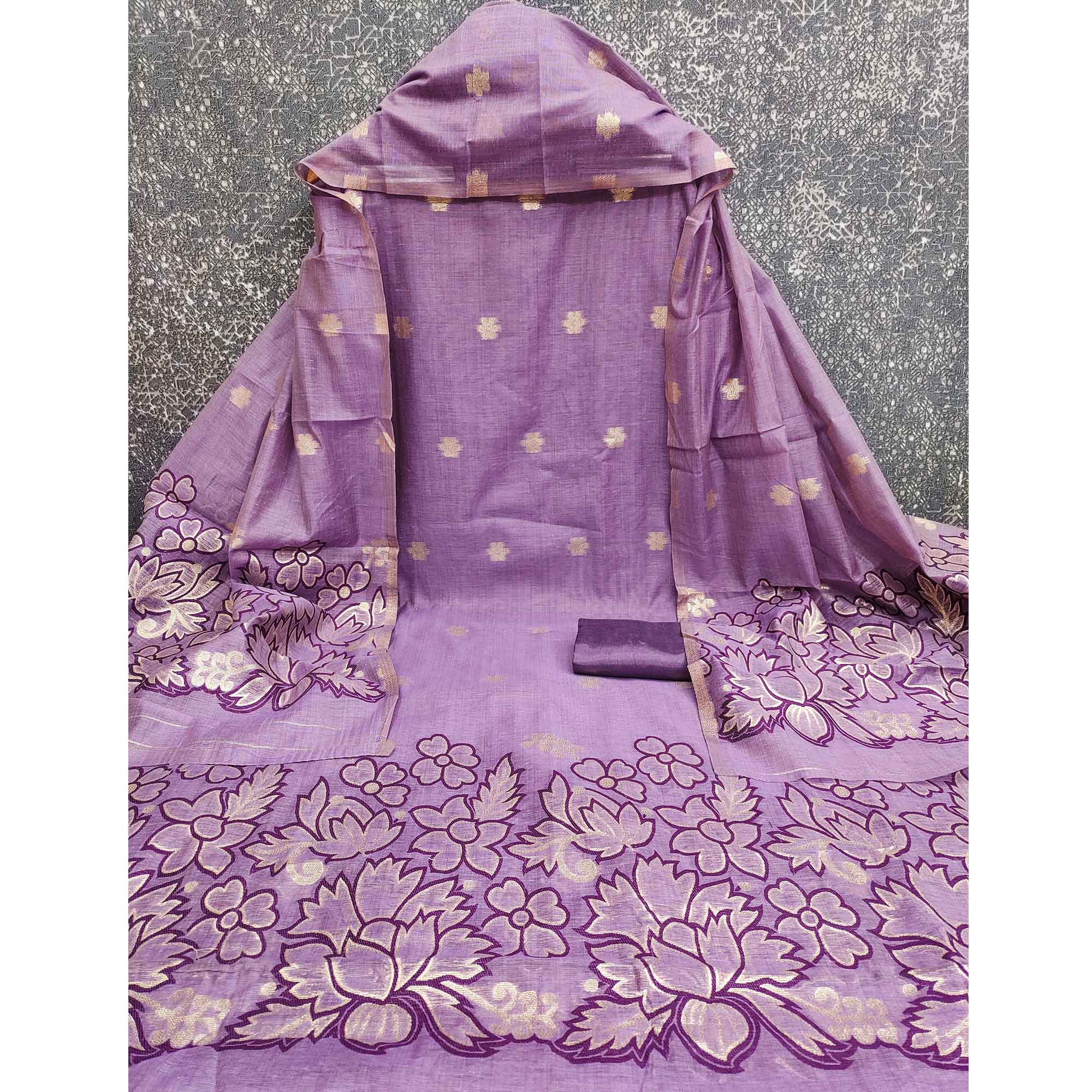 Graceful Lavender Jamdani Art Silk Dress Material Adorned With Intricate Floral Weaving Work - Image 4