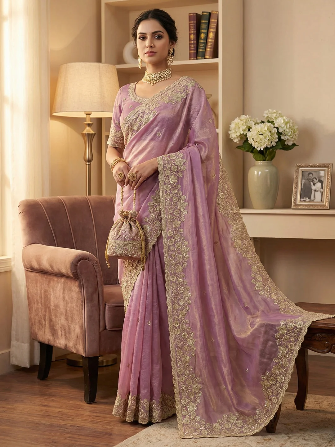 Graceful Lavender Organza Satin Silk Saree with Fine Embroidery & Blouse