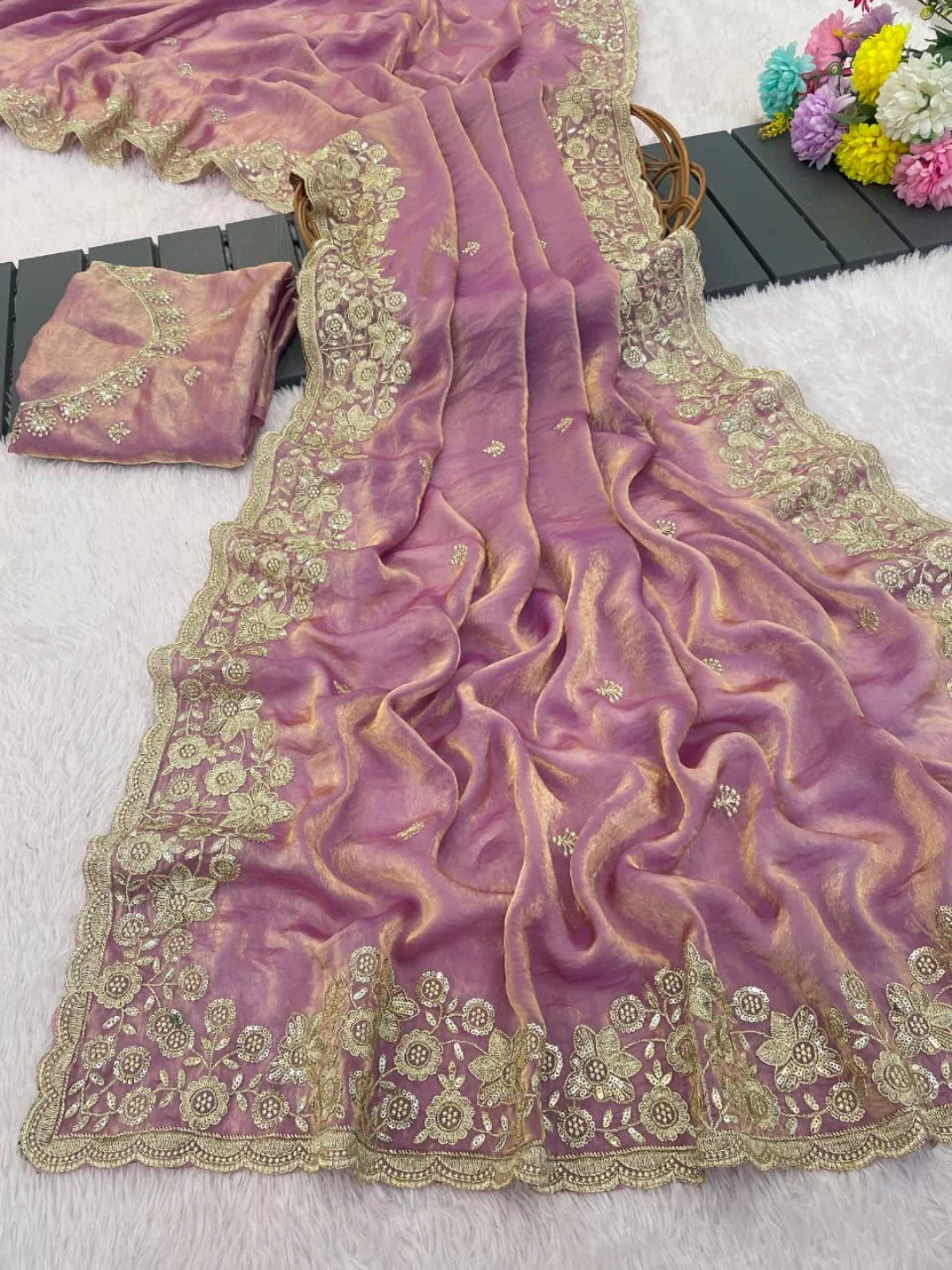 Graceful Lavender Organza Satin Silk Saree with Fine Embroidery & Blouse - Image 2