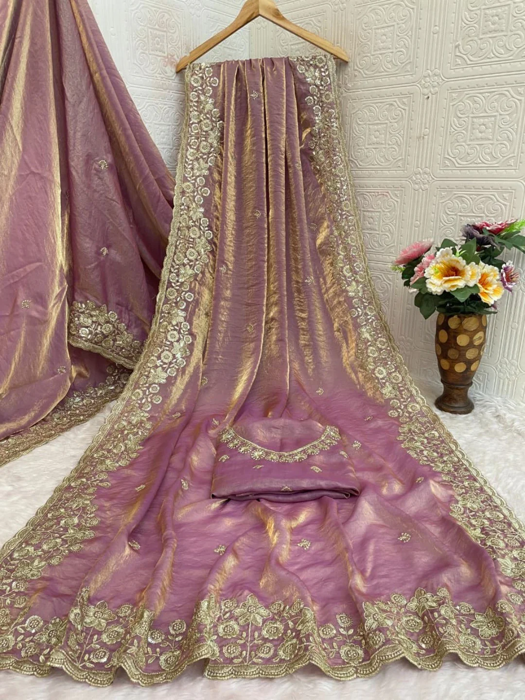 Graceful Lavender Organza Satin Silk Saree with Fine Embroidery & Blouse - Image 4