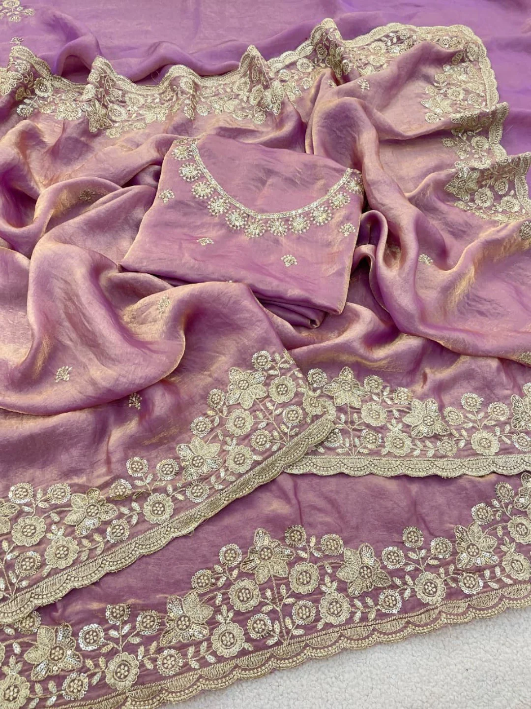 Graceful Lavender Organza Satin Silk Saree with Fine Embroidery & Blouse - Image 5