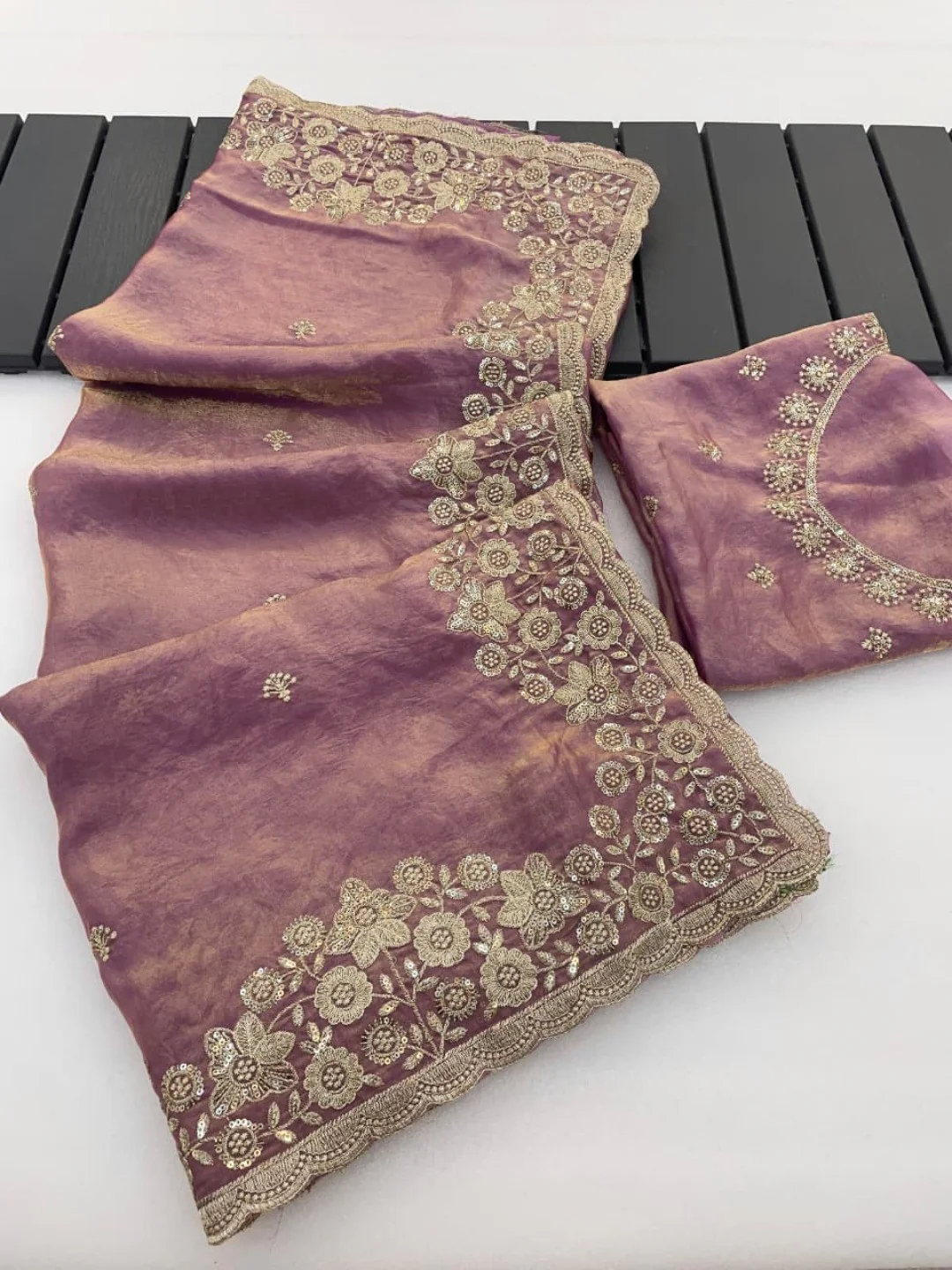 Graceful Lavender Organza Satin Silk Saree with Fine Embroidery & Blouse - Image 6