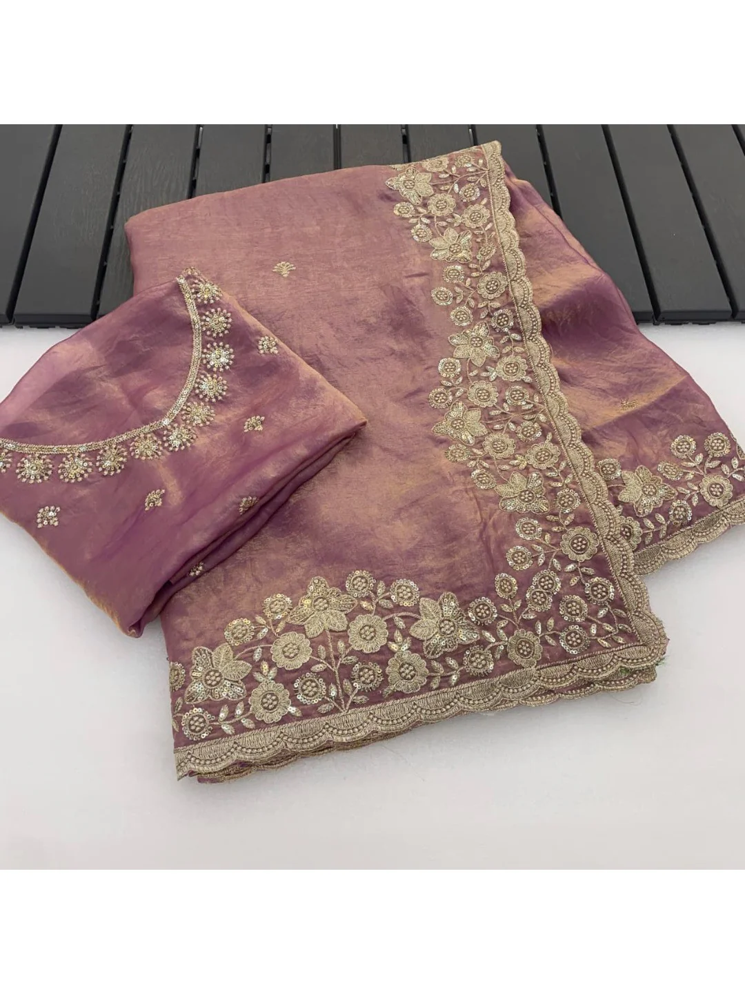 Graceful Lavender Organza Satin Silk Saree with Fine Embroidery & Blouse - Image 7