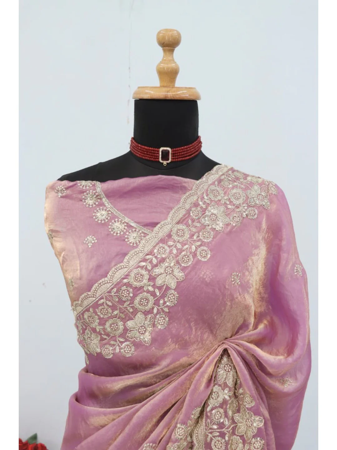 Graceful Lavender Organza Satin Silk Saree with Fine Embroidery & Blouse - Image 8