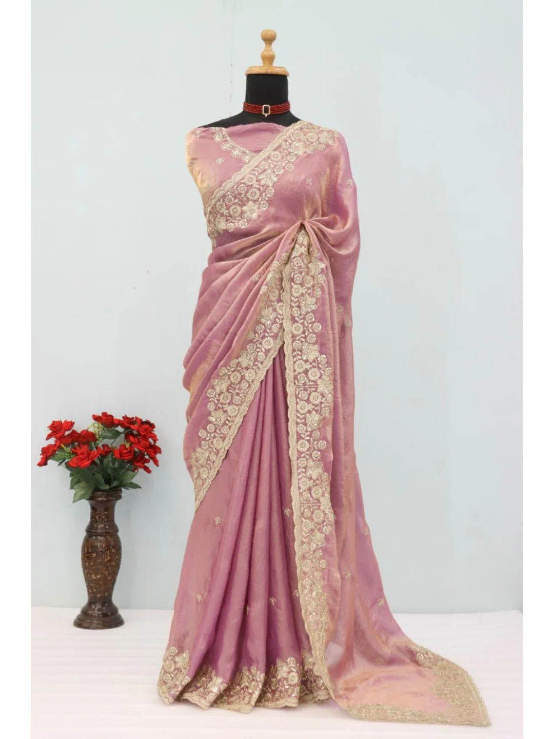 Graceful Lavender Organza Satin Silk Saree with Fine Embroidery & Blouse - Image 9