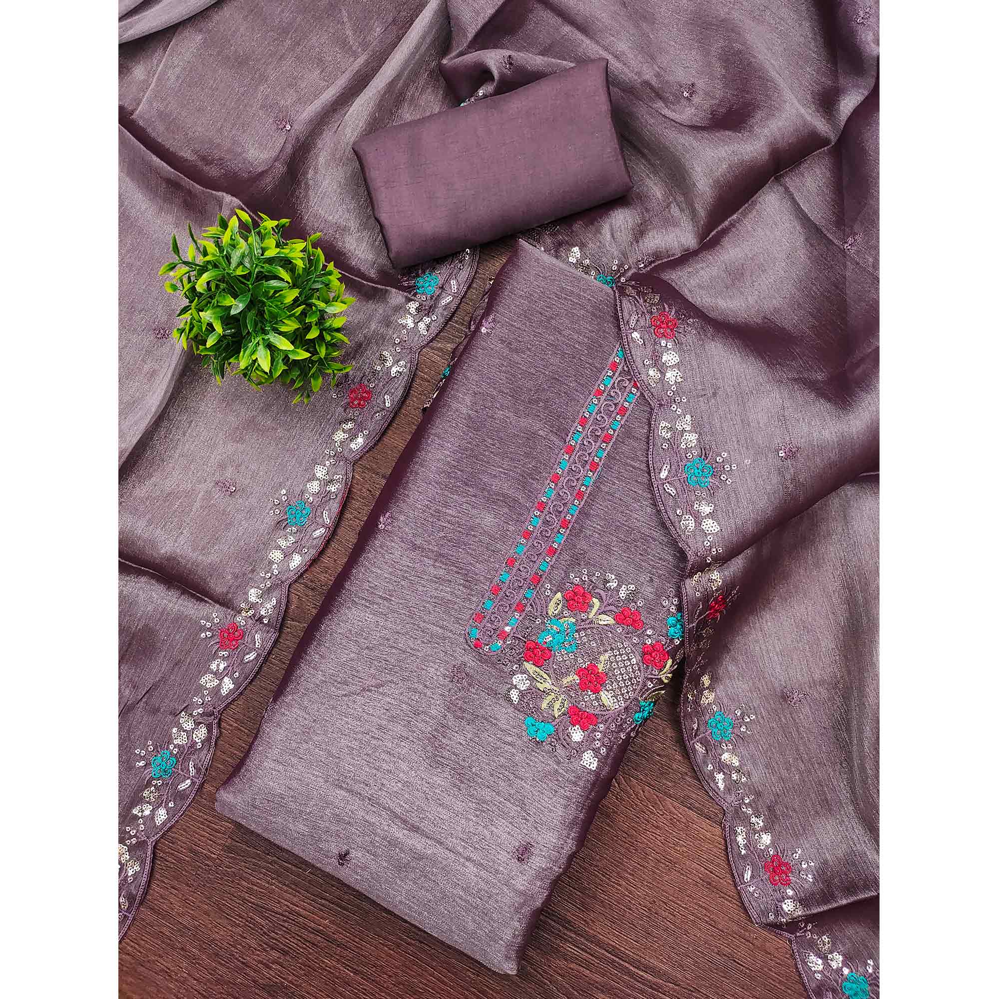 Graceful Lavender Silk Blend Dress Material Featuring Exquisite Floral Embroidery & Sequins Accents - Image 3