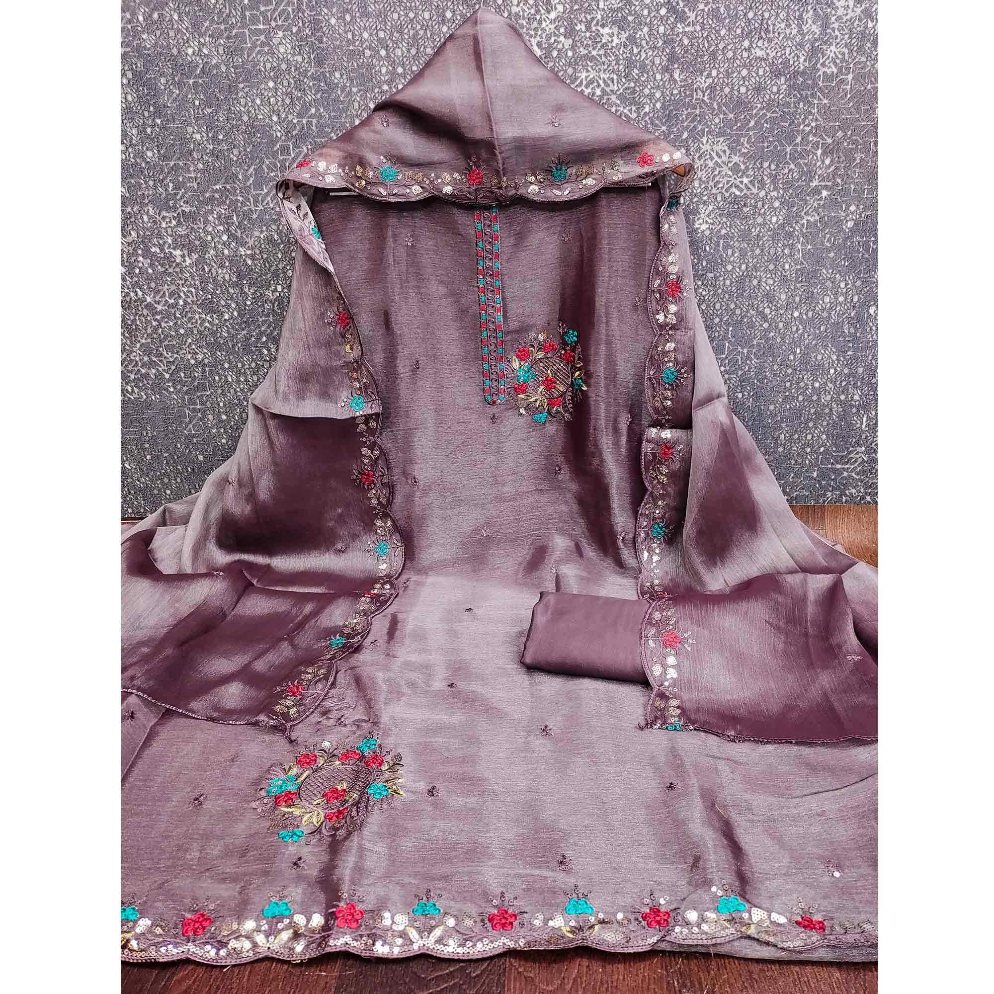 Graceful Lavender Silk Blend Dress Material Featuring Exquisite Floral Embroidery & Sequins Accents - Image 4