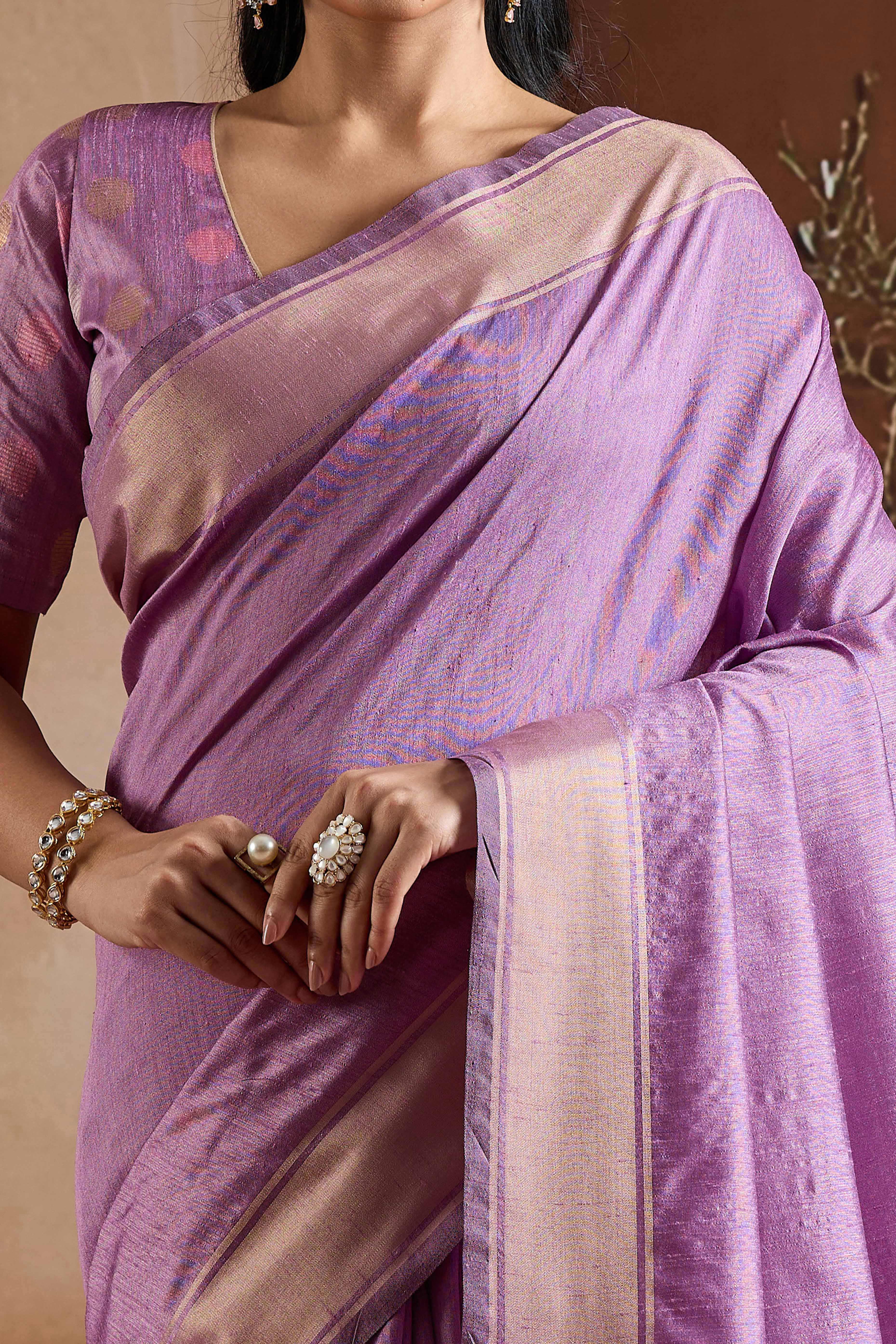 Graceful Lavender Zari Woven Bhagalpuri Silk Saree Accented With Tassel Pallu - Image 2