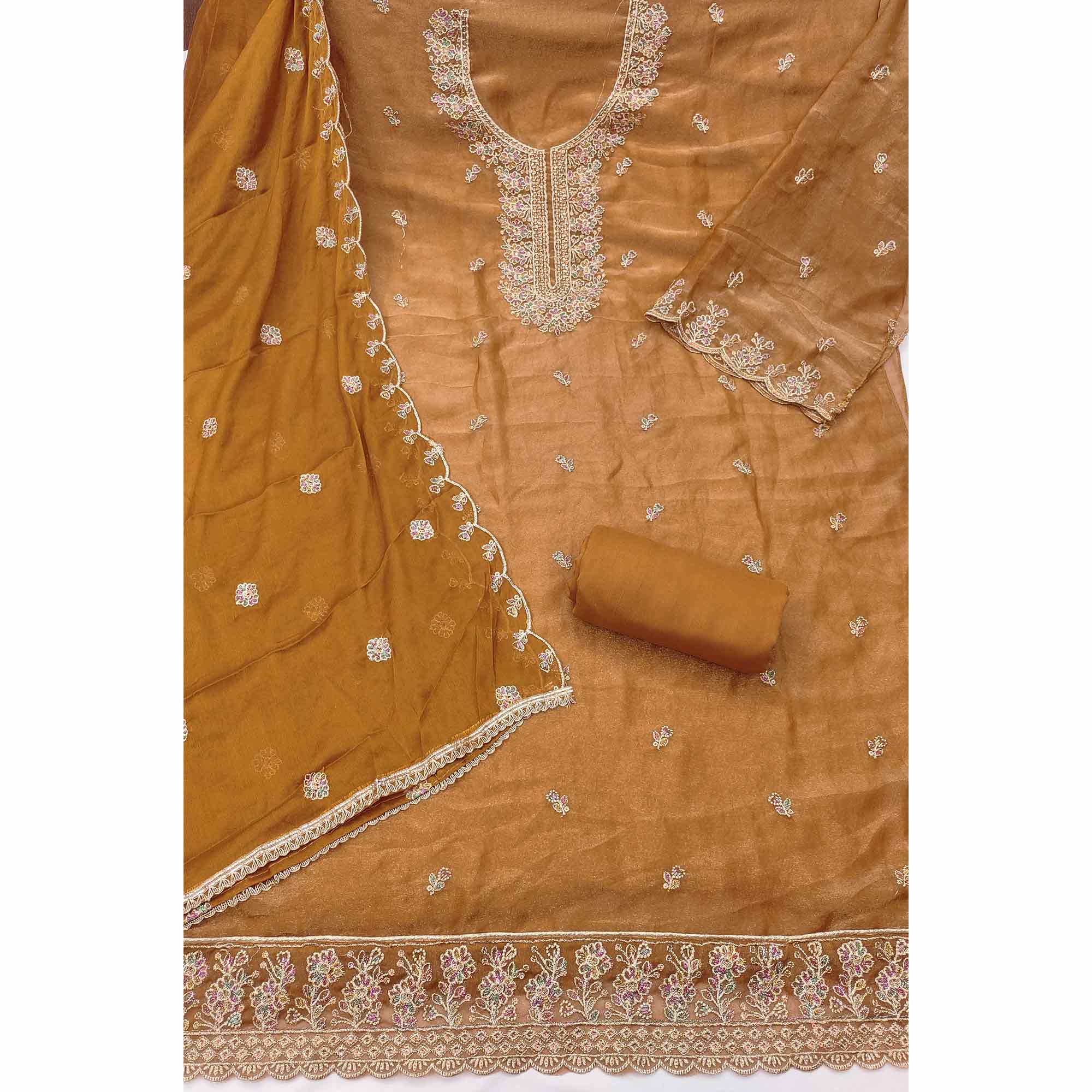 Graceful Light Brown Floral Sequins Embroidered With Handwork Georgette Dress Material - Image 4