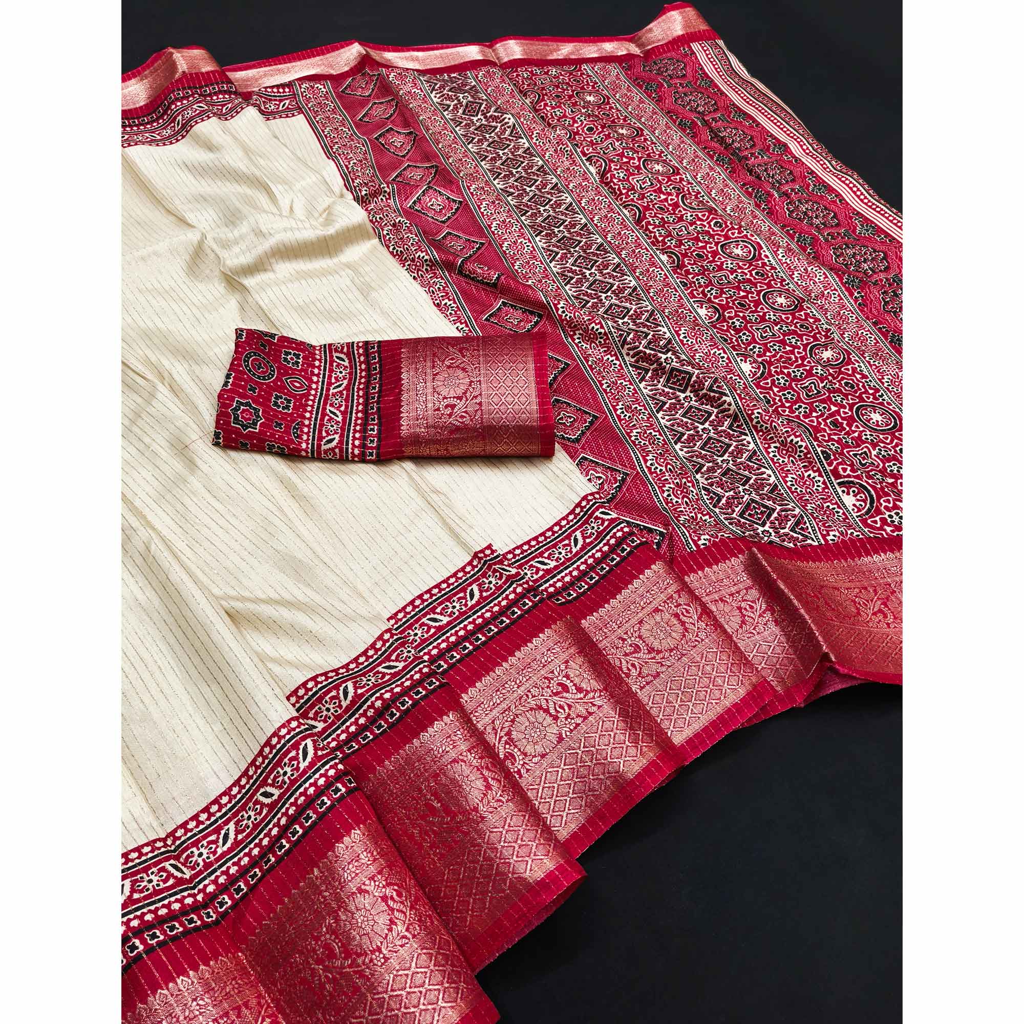 Graceful Light Chikoo Dola Silk Saree Featuring Striped Weave & Floral Border - Image 3