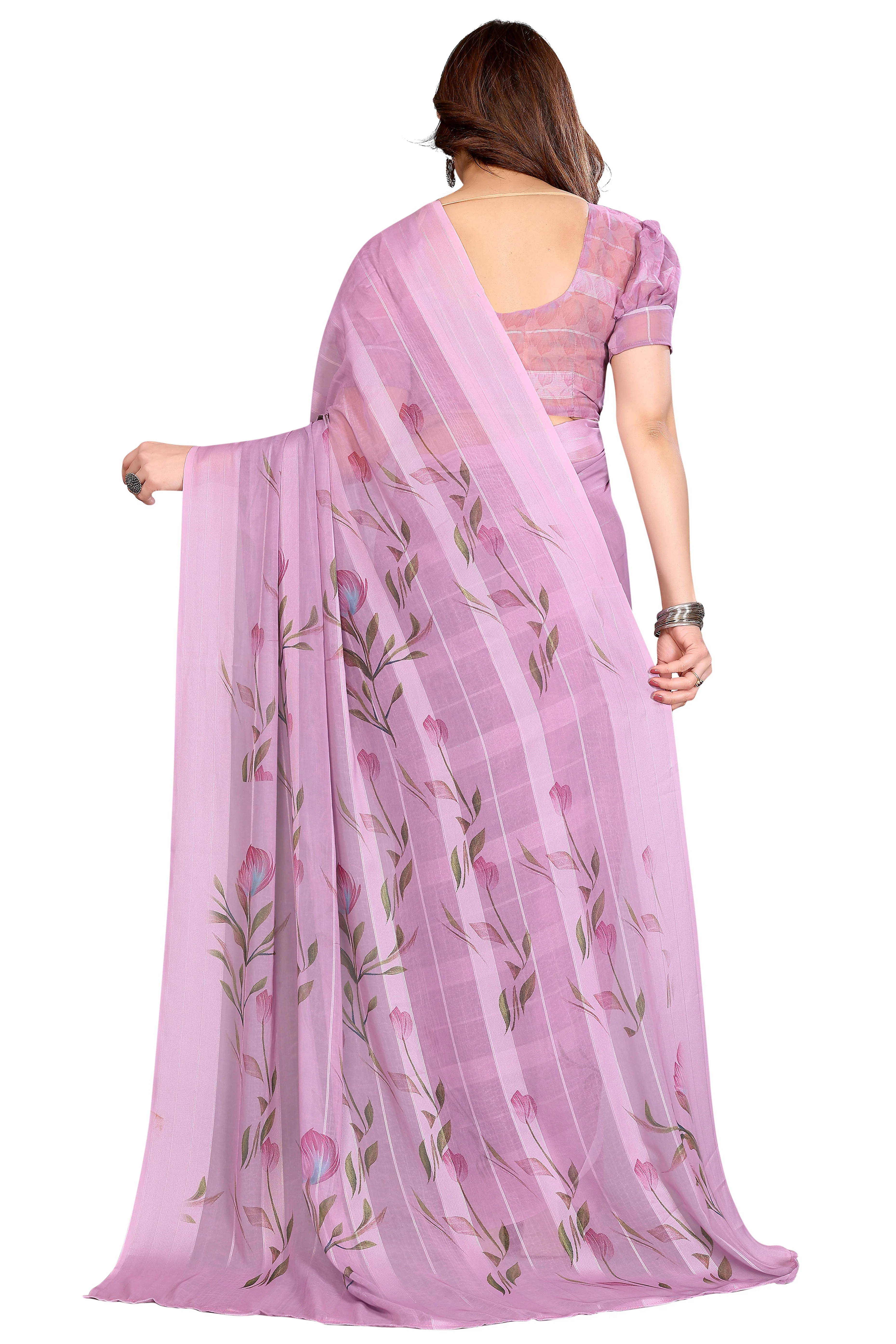 Graceful Light Purple Floral Digital Print Georgette Saree Featuring Zari Work & Vibrant Striped - Image 5