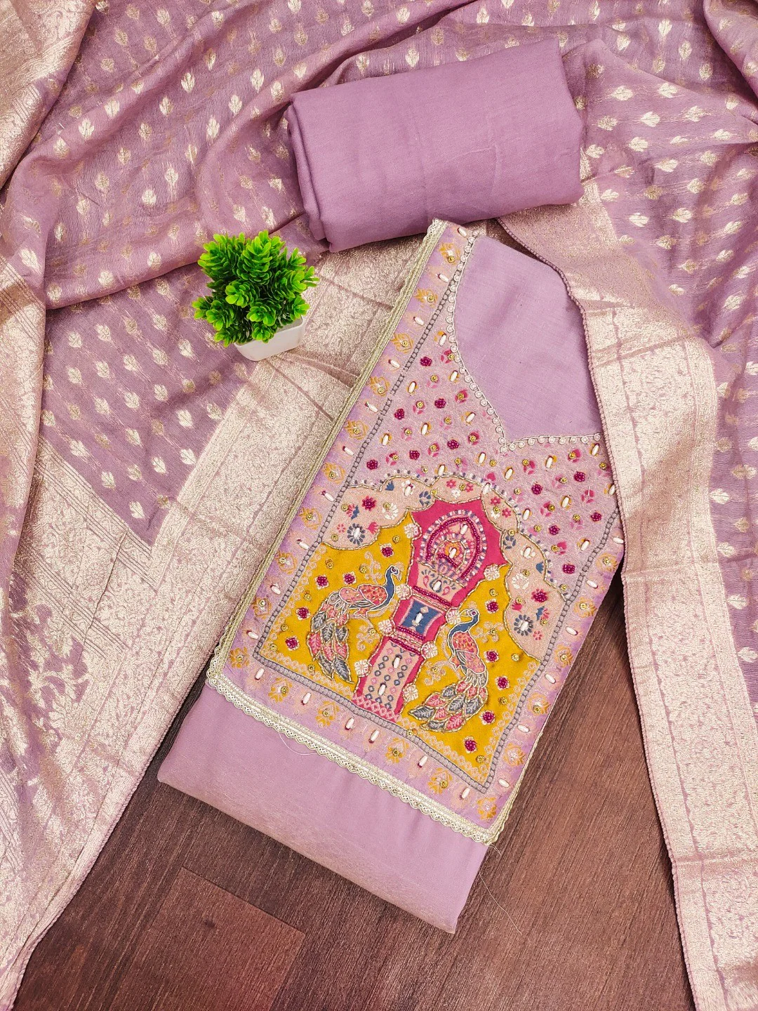 Graceful Light Purple Peacock Motif Cotton Silk Dress Material With Beads & Moti Handwork - Image 2