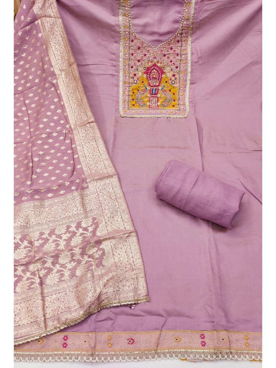 Graceful Light Purple Peacock Motif Cotton Silk Dress Material With Beads & Moti Handwork - Image 4