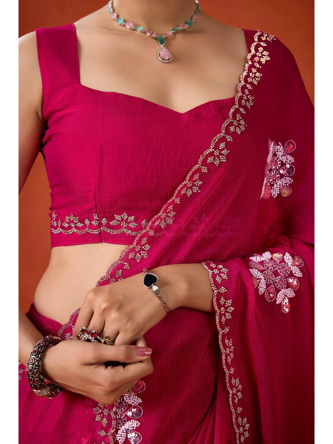 Graceful Magenta Georgette Silk Saree Adorned with Floral Embellishments - Image 2