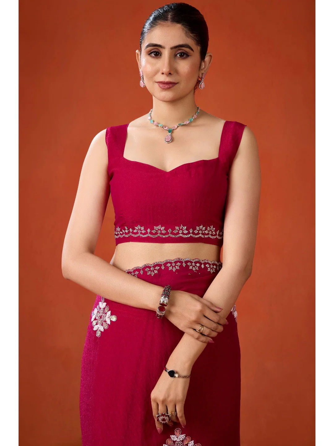 Graceful Magenta Georgette Silk Saree Adorned with Floral Embellishments - Image 8