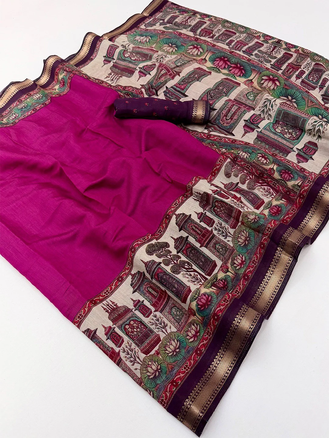 Graceful Magenta Temple & Floral Print Mulmul Cotton Saree Enhanced With Zari Border Work - Image 2