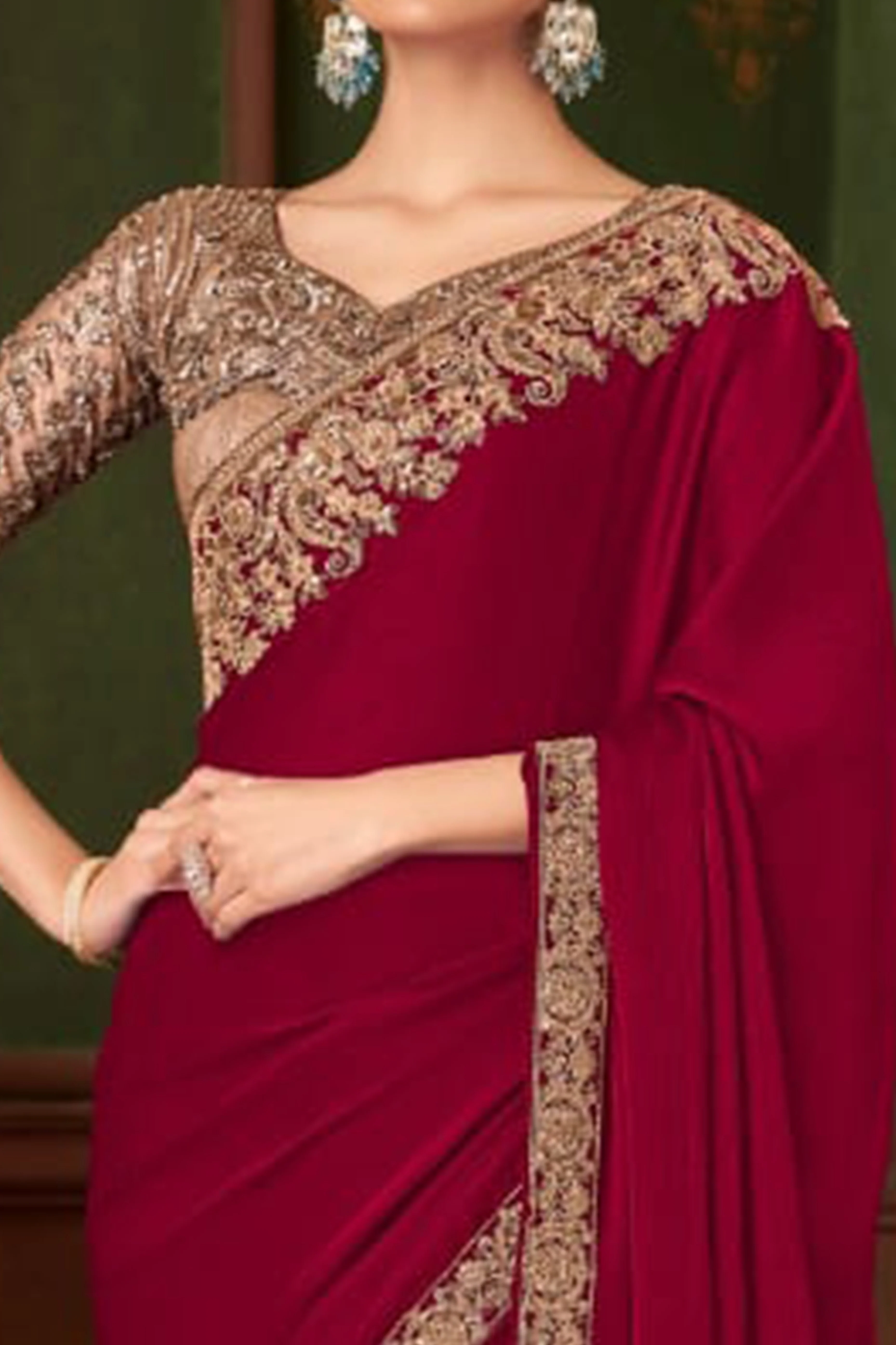 Graceful Maroon Chiffon Saree Showcasing Exquisite Floral Thread Embroidery & Sequins Work - Image 2