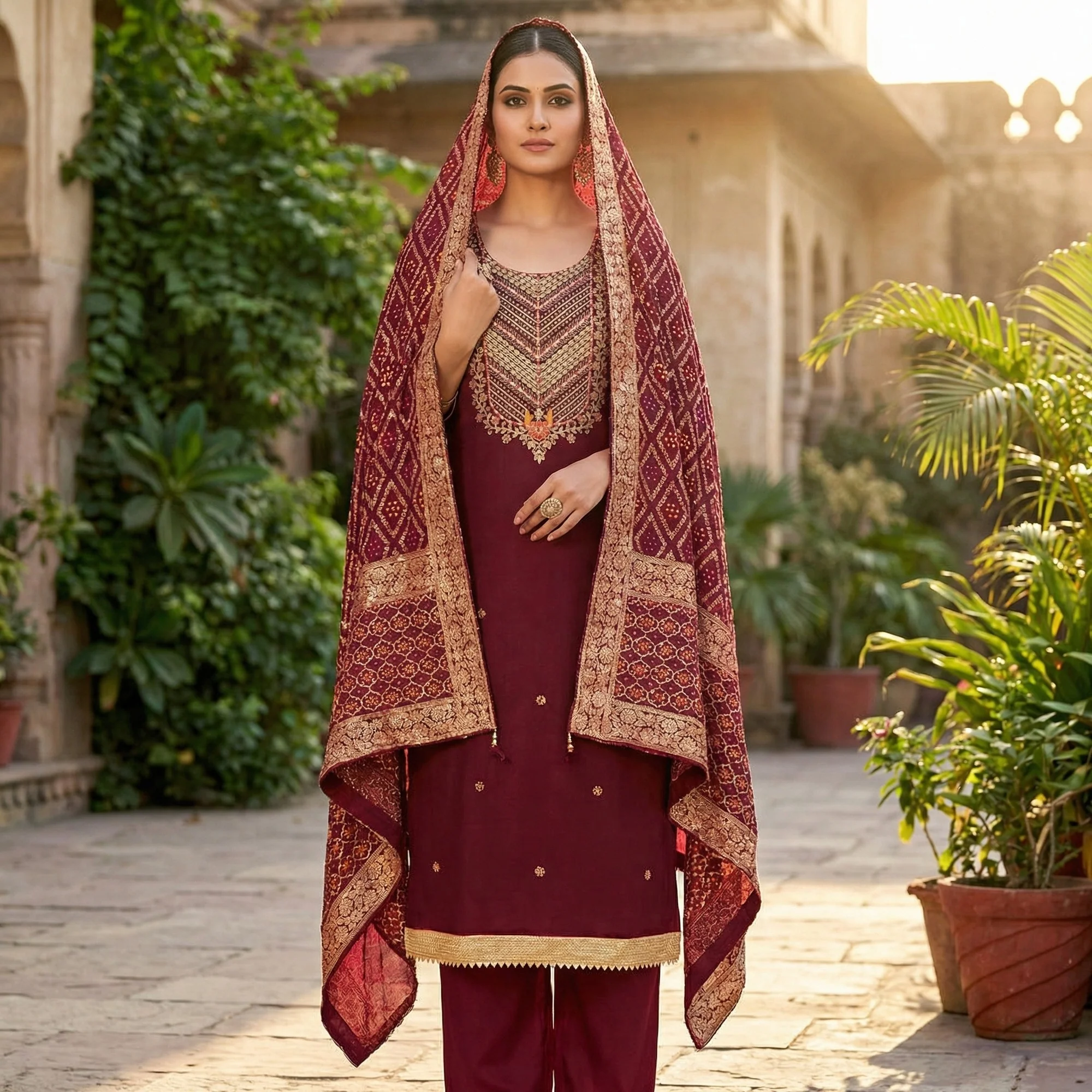 Graceful Maroon Cotton Silk Dress Material With Floral Cording Embroidery & Sparkling Sequins